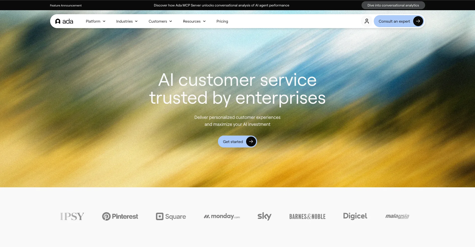 Home page of Ada, showing “AI customer service trusted by enterprises,” with a “Get started” button over a blurred gradient banner.