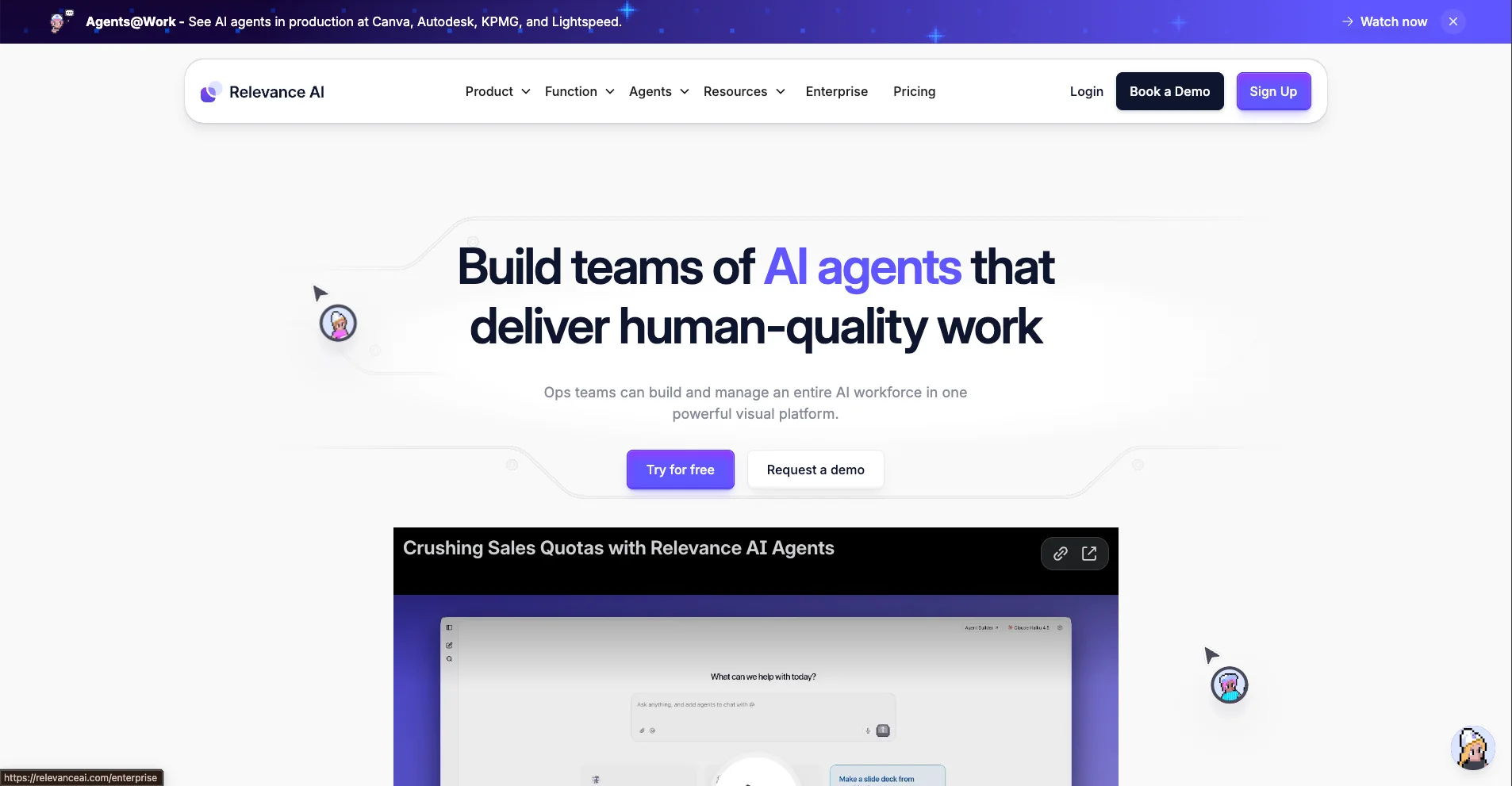 Home page of Relevance AI, showing “Build teams of AI agents that deliver human-quality work,” with “Try for free” / “Request a demo” buttons and a product preview section.