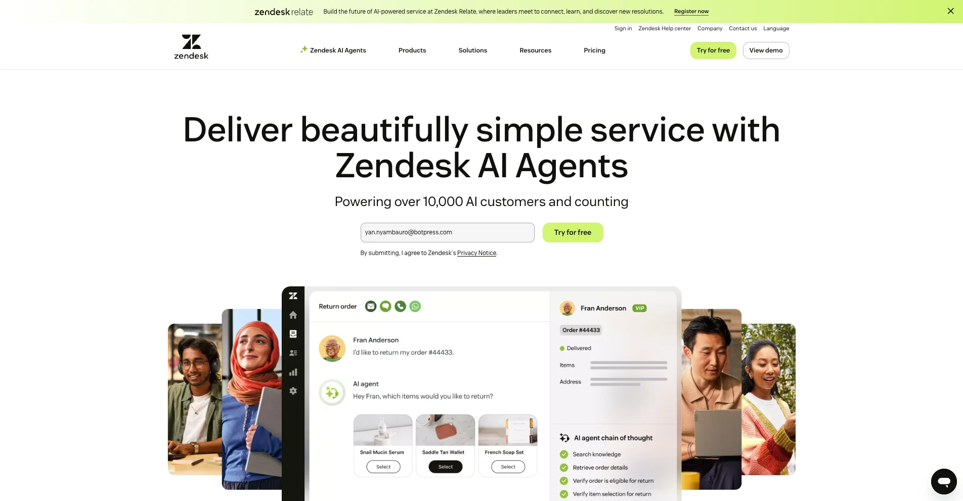 Home page of Zendesk, showing “Deliver beautifully simple service with Zendesk AI Agents,” with a “Try for free” CTA and an agent workspace UI image.