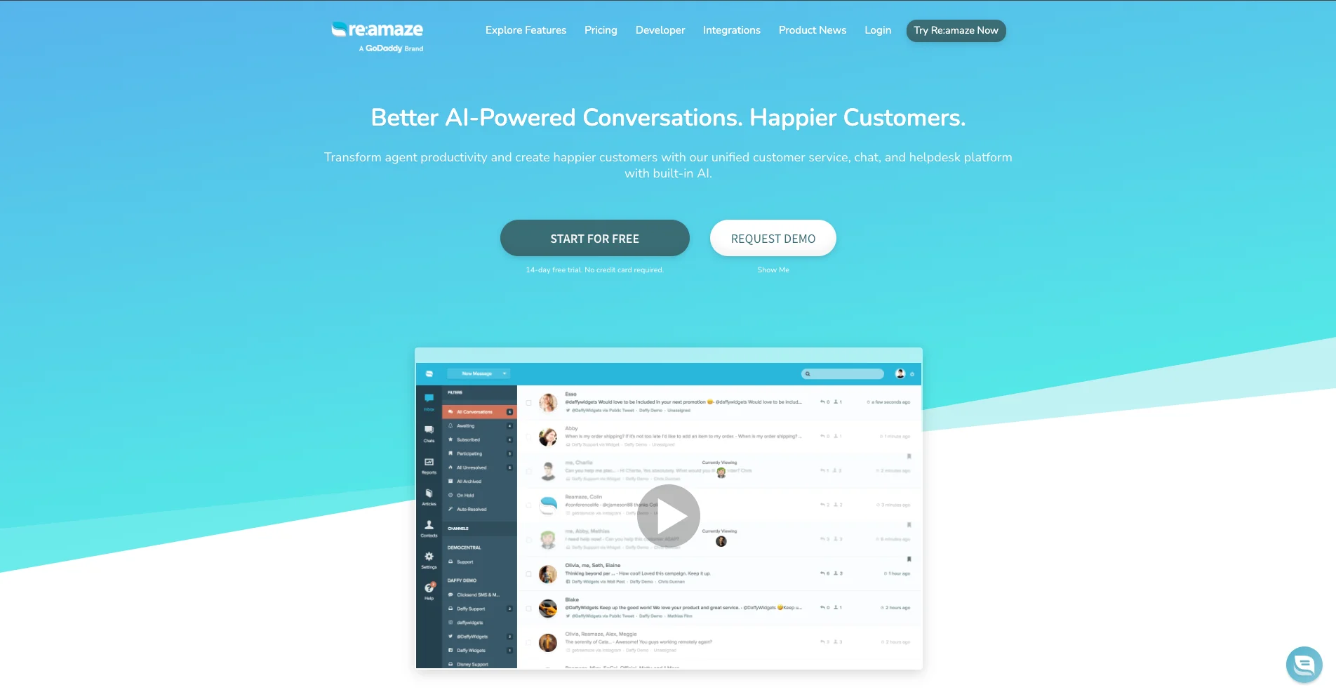 Home page of re:amaze, showing “Better AI-Powered Conversations. Happier Customers.” with “Start for free” / “Request demo” buttons and a helpdesk inbox screenshot.