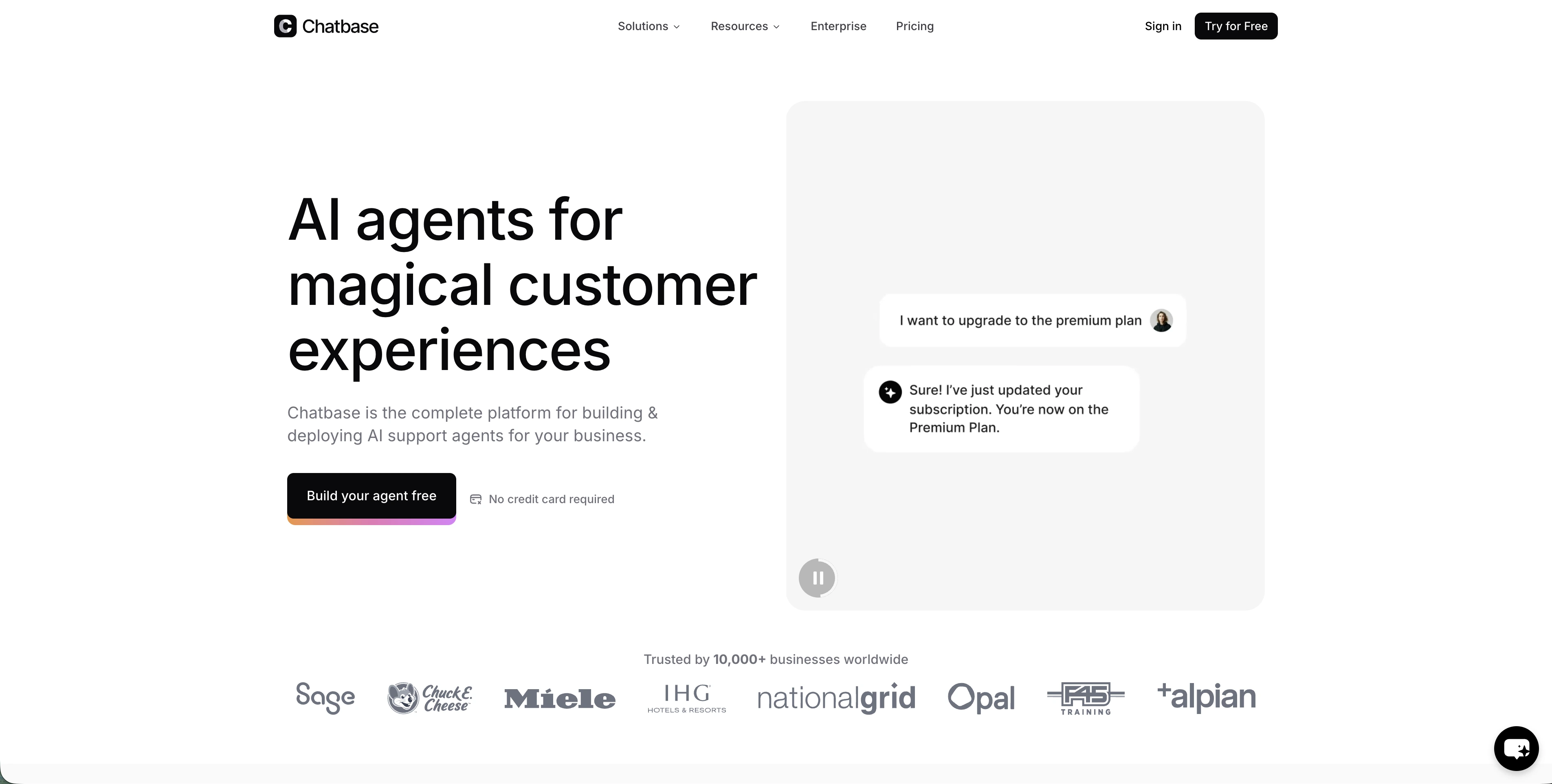 Chatbase homepage hero with AI agent headline, chat demo, and trusted brand logos.