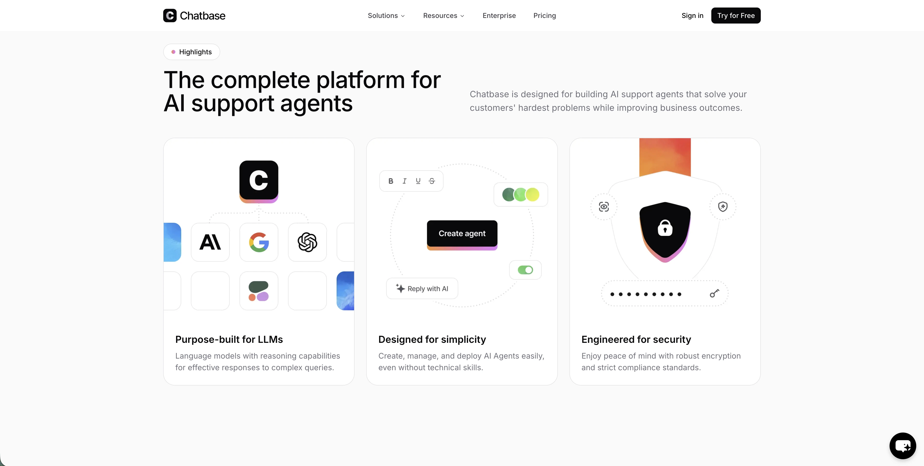 Chatbase page showing headline about AI support agents, three cards, and Try for Free button.