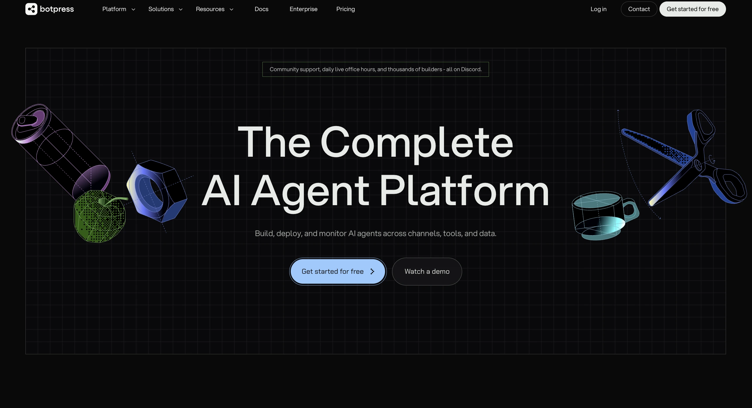 Botpress page on dark grid, headline Complete AI Agent Platform, with demo and free buttons.