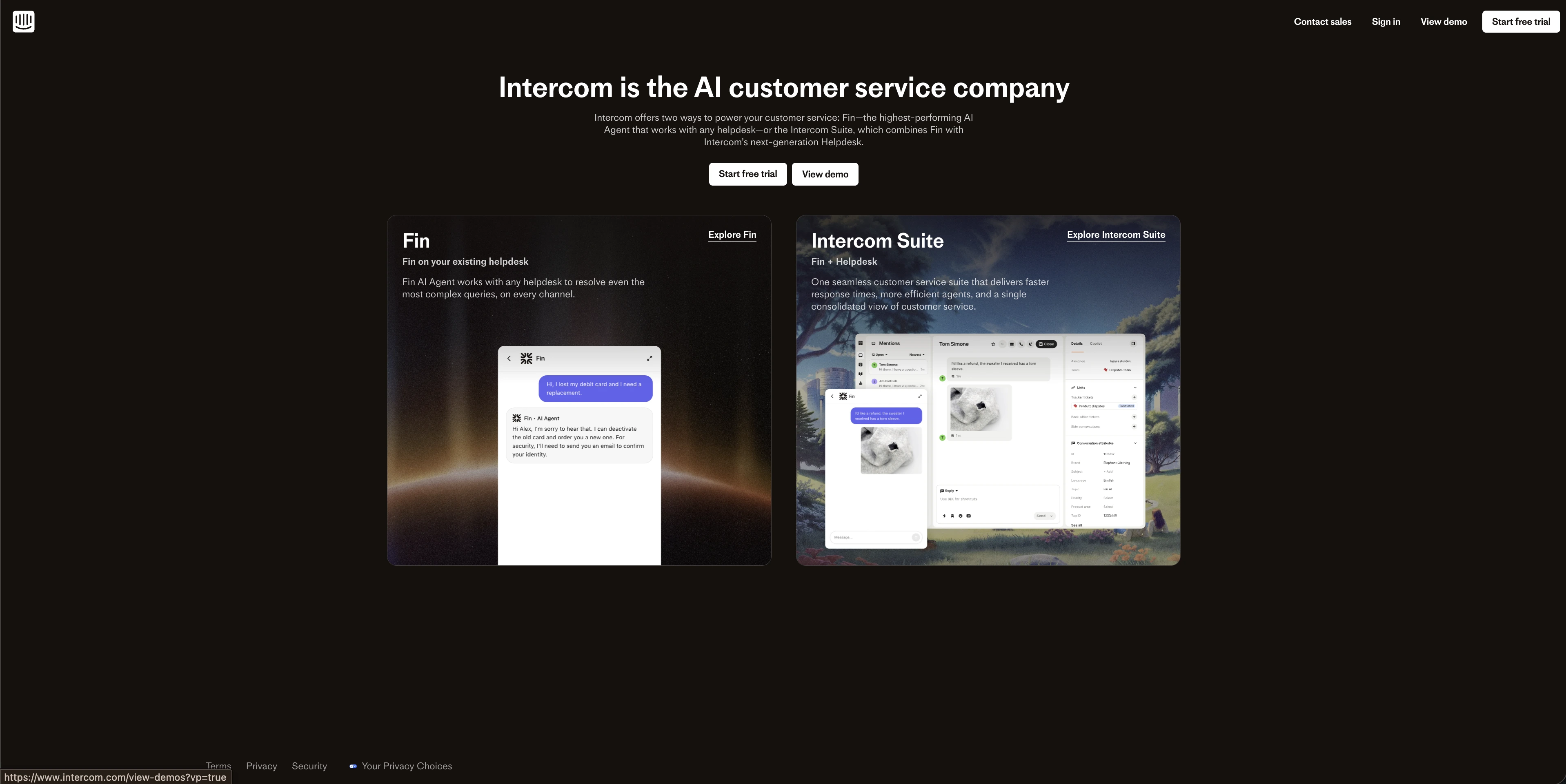 Intercom homepage showcasing Fin AI agent and Intercom Suite product offerings.