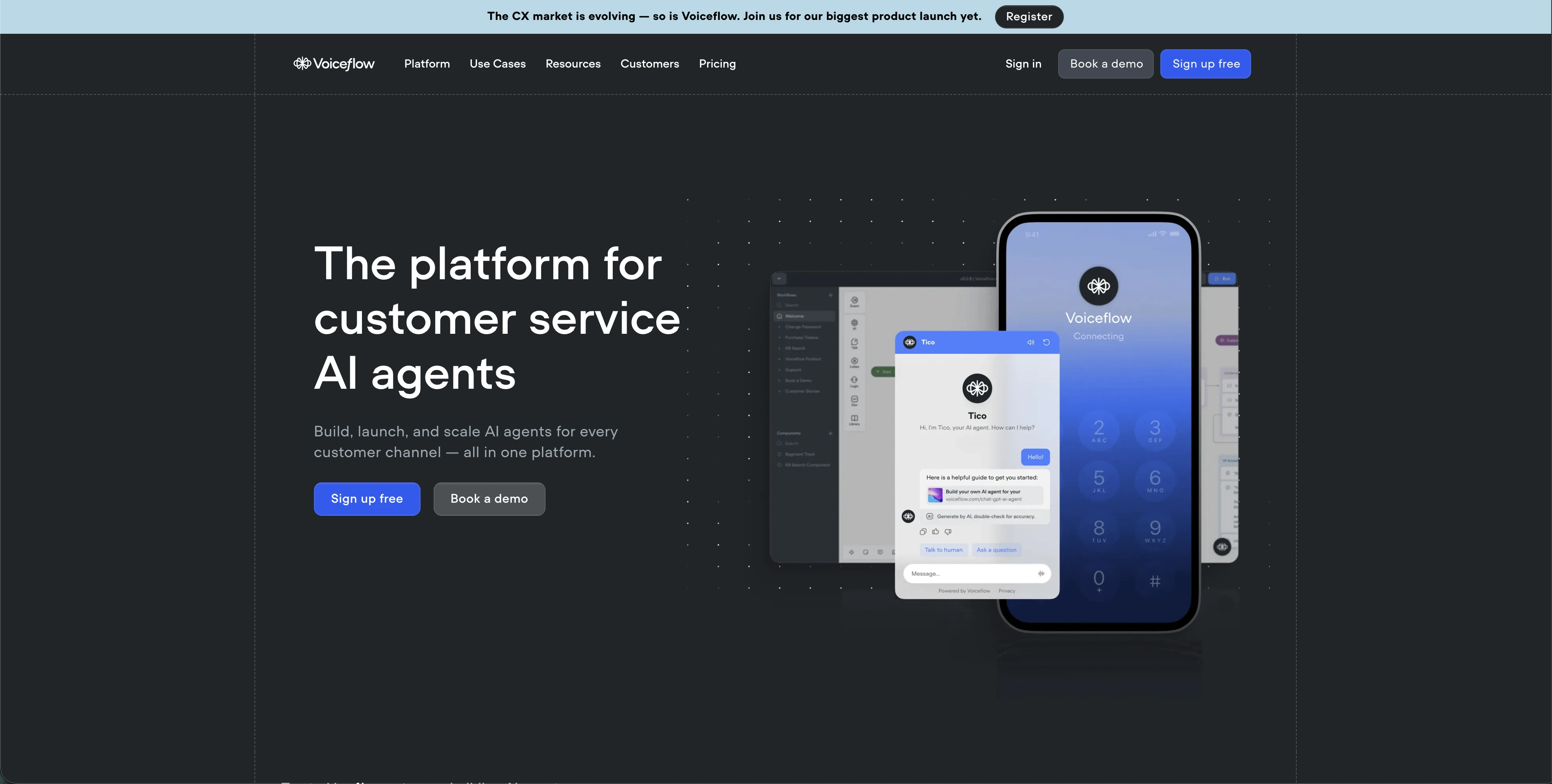 Voiceflow hero page with dark background, customer service AI agents headline, phone mockup, signup buttons.
