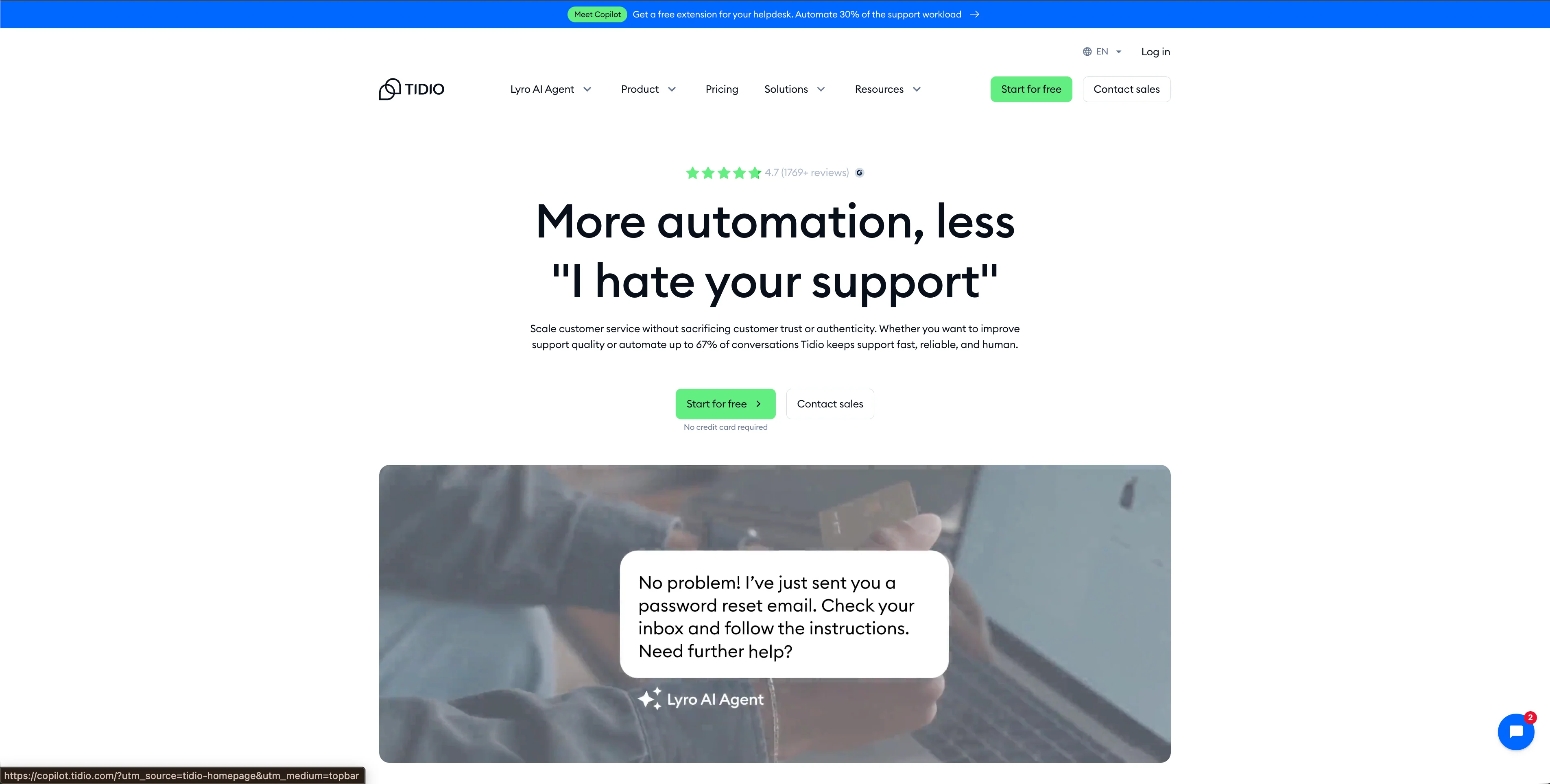 Tidio website headline promises more automation, less support frustration, with Lyro AI agent chat preview.