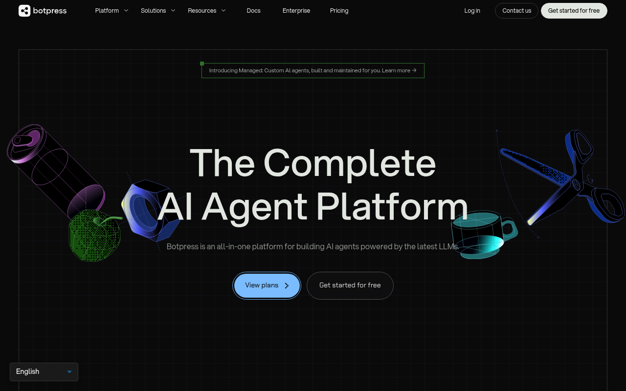 The Botpress homepage featuring the headline "The Complete AI Agent Platform" with a futuristic background.