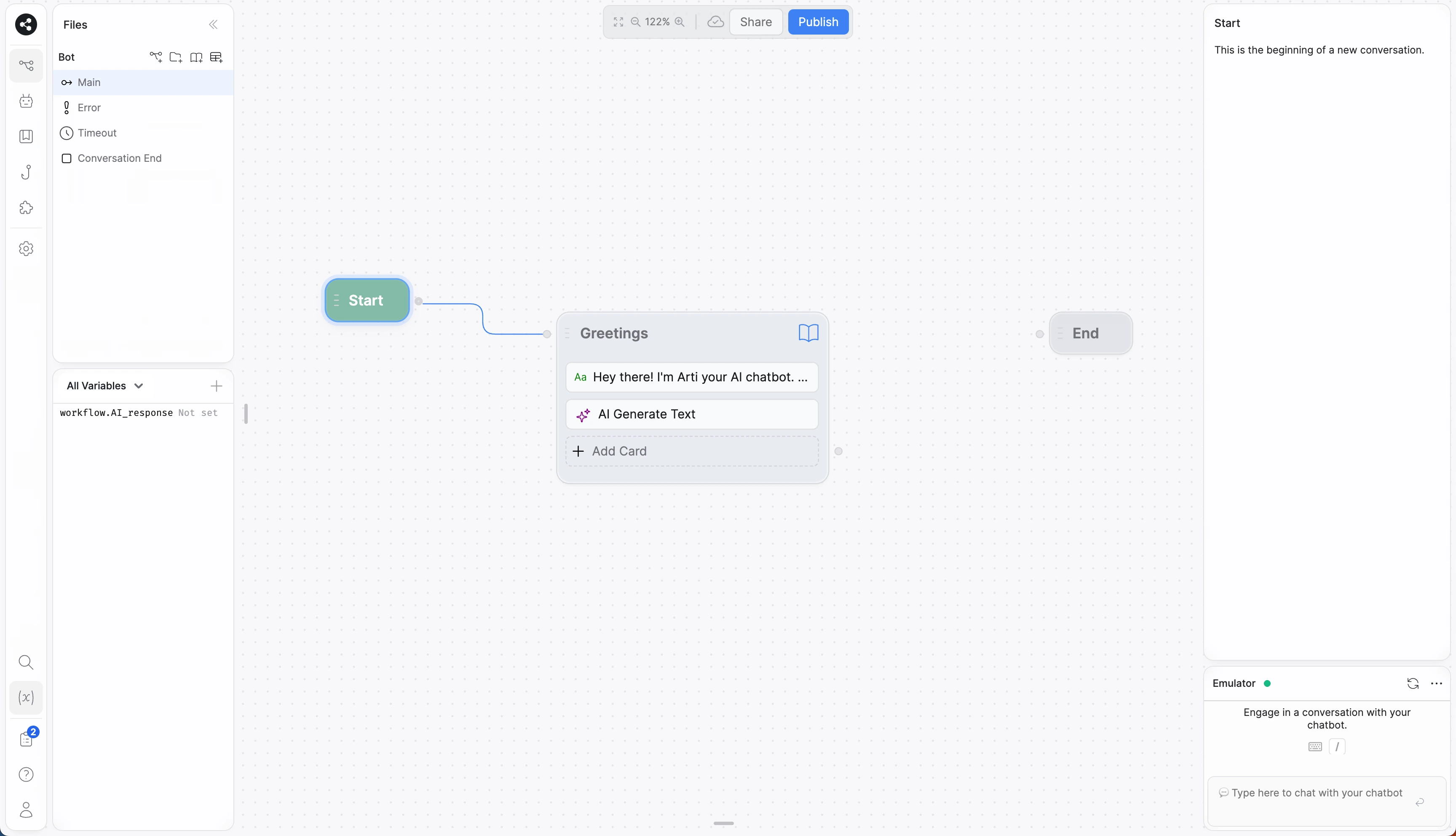 A screenshot of a chatbot builder showing a visual flow with Start, Greetings, and End nodes.