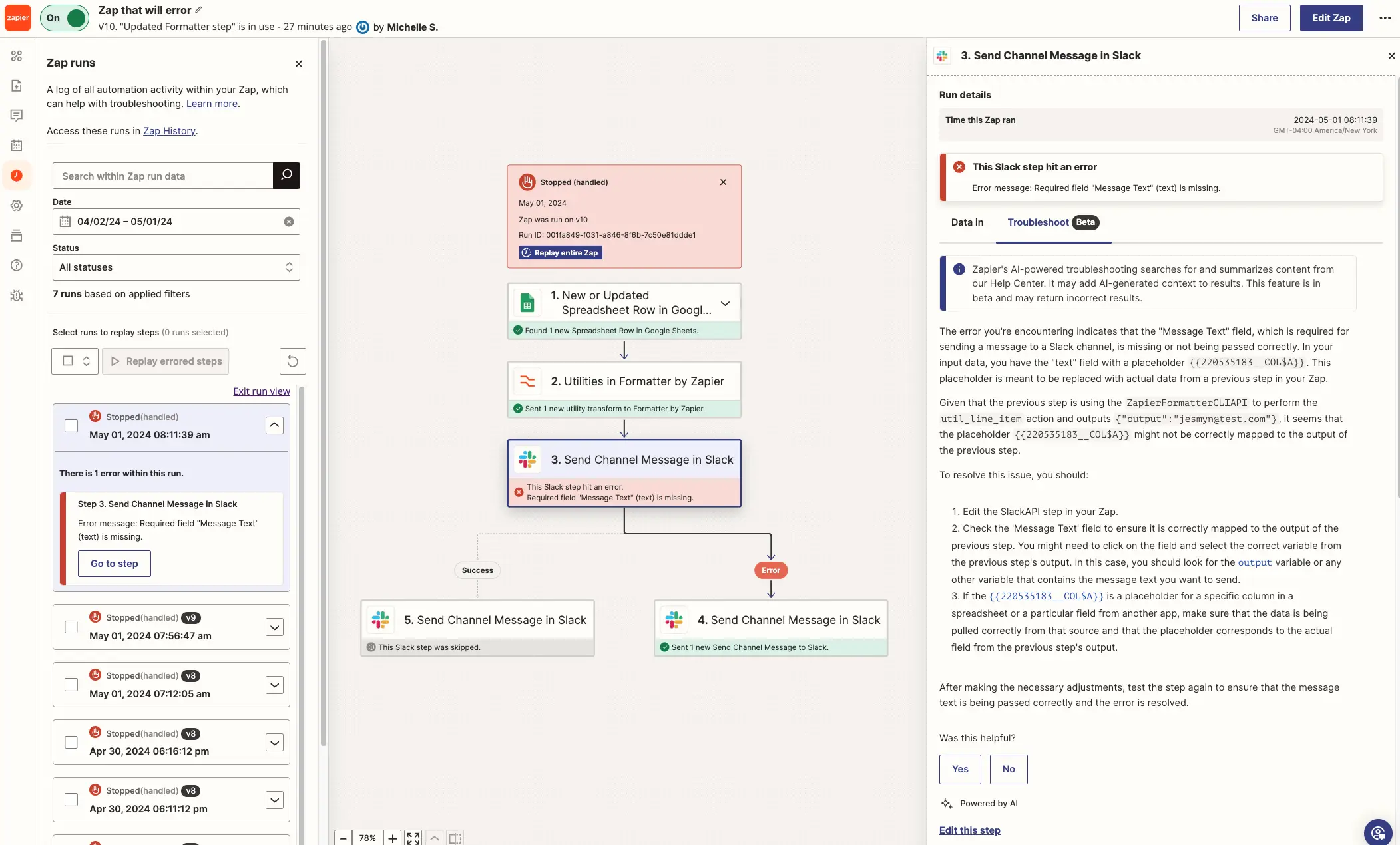 A Zapier dashboard showing a failed automation run with a Slack error and AI-powered troubleshooting advice.