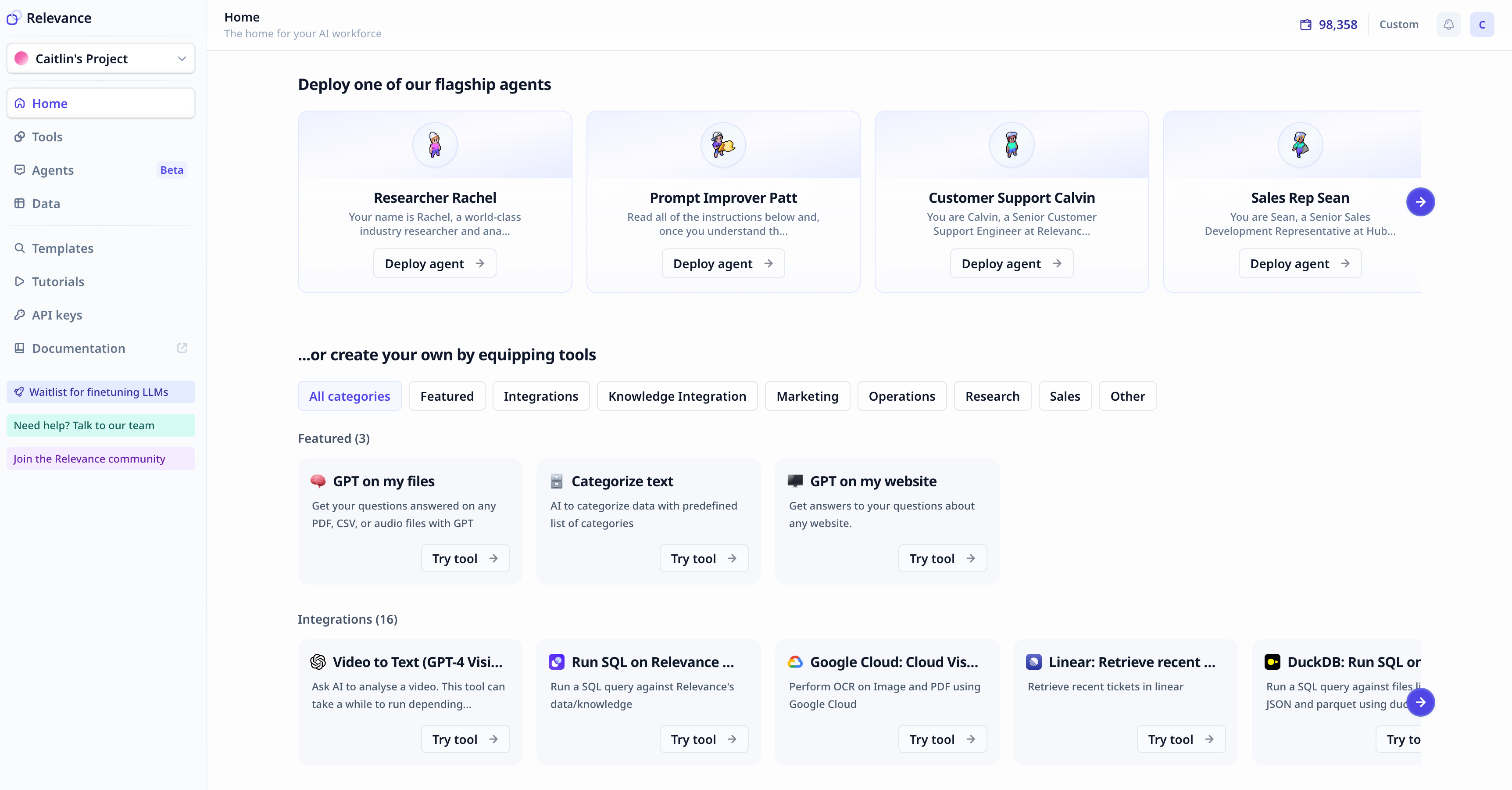Relevance AI dashboard showing options to deploy flagship agents or build custom AI tools.