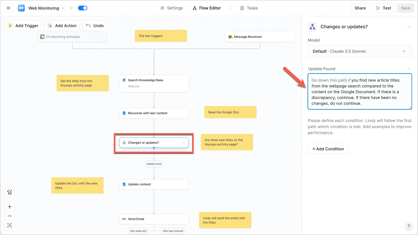 A screenshot of a Lindy.ai workflow for web monitoring with a logic branch for "Changes or updates?".