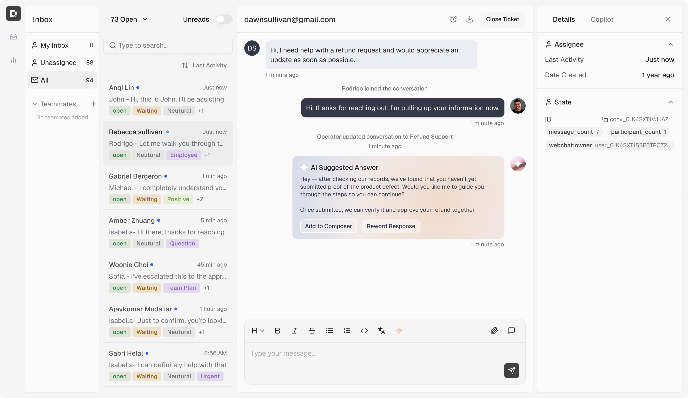 Botpress desk snapshot showing multiple customer inquiries being solved by AI and Humans
