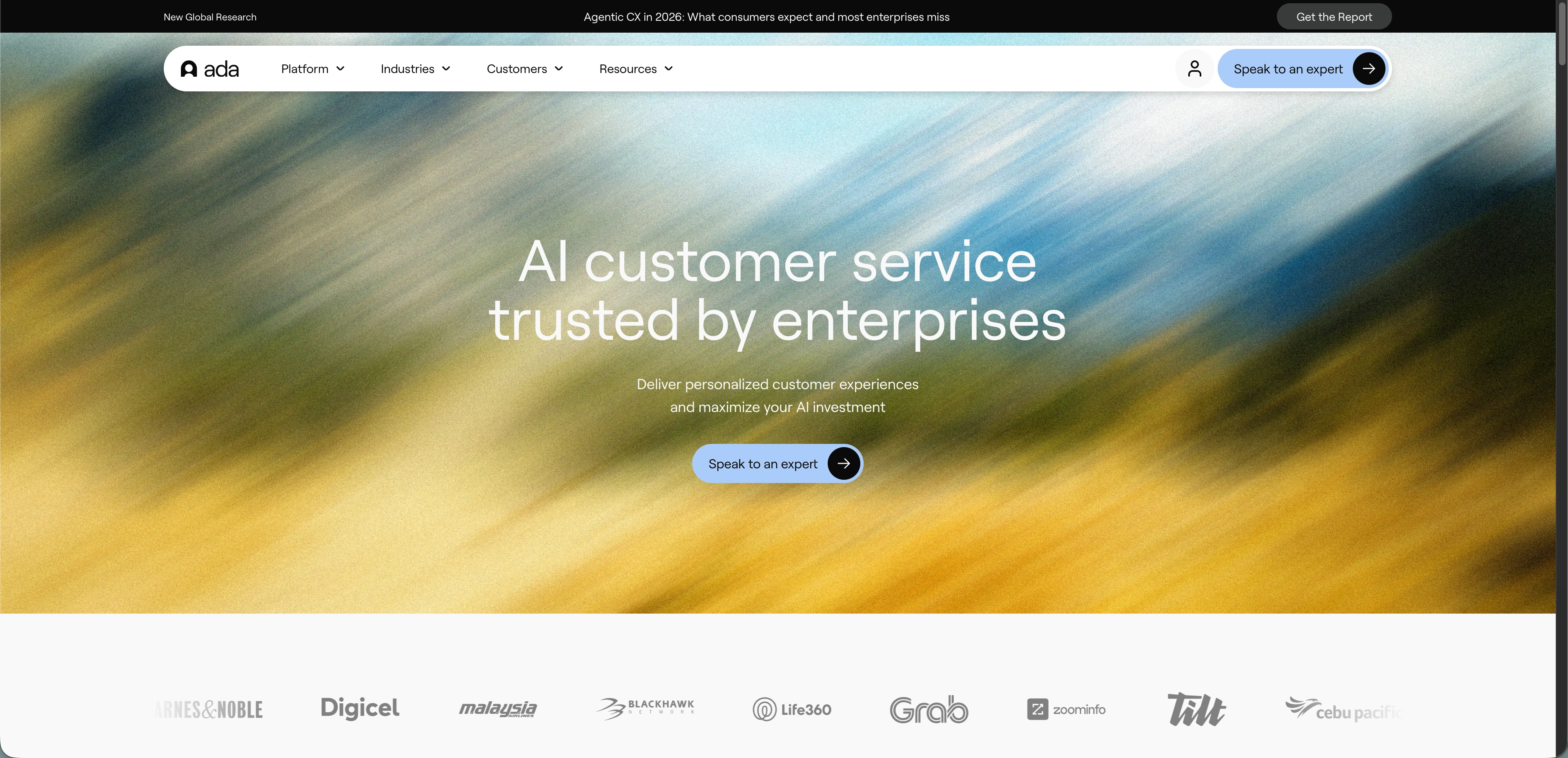 Ada Homepage with copy saying: "Al customer service trusted by enterprises"