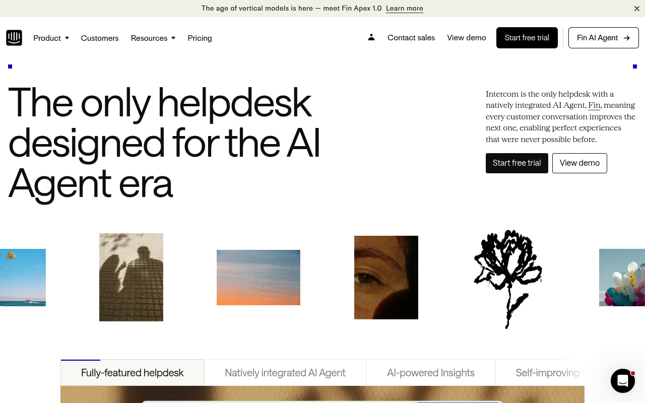 Website homepage with bold text stating 'The only helpdesk designed for the AI Agent era.' Includes navigation options, free trial buttons, and abstract images, conveying a modern, innovative tone.