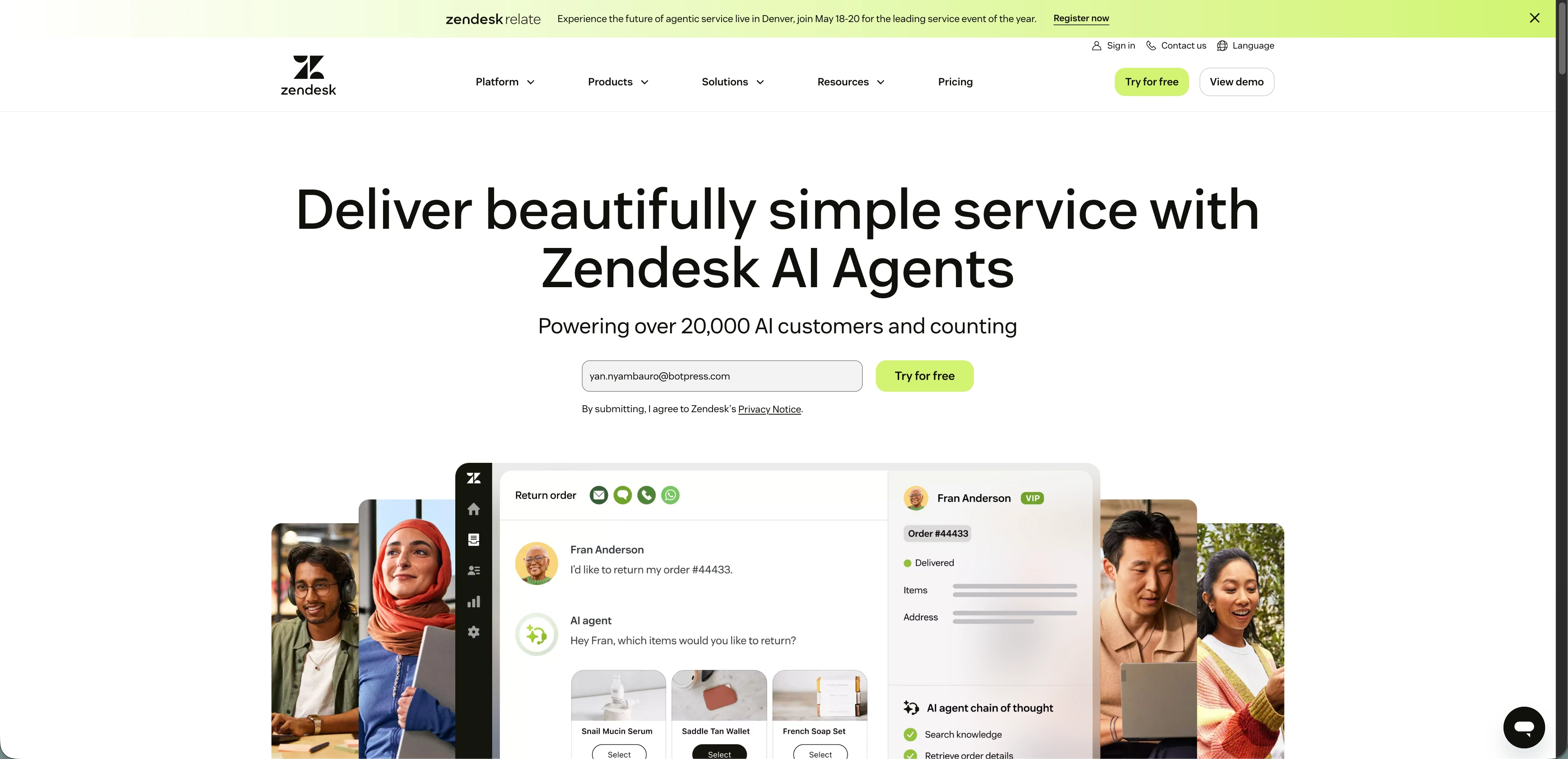 Zendesk webpage promoting AI Agents, featuring diverse individuals interacting with digital interfaces. Text highlights the service's simplicity and customer reach.