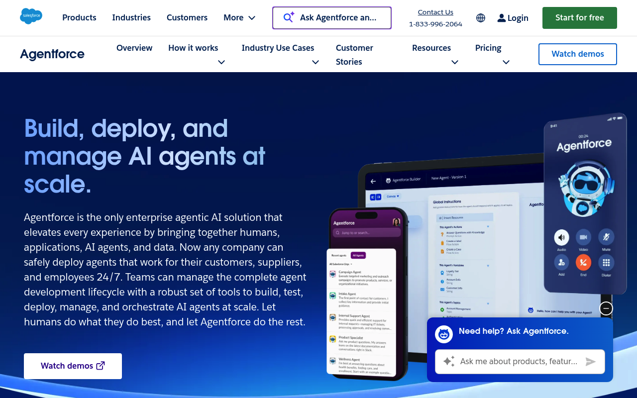 Website homepage for "Agentforce" showcasing AI solutions. Features bold text: "Build, deploy, and manage AI agents at scale" with tech-themed visuals and a chatbot interface.