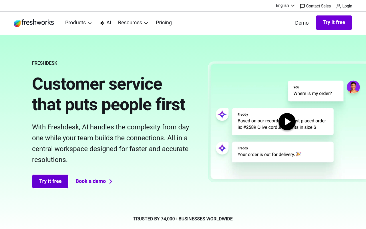 Freshdesk webpage showcasing customer service solutions. Text highlights AI-driven efficiency, with chat examples and options to try a free demo