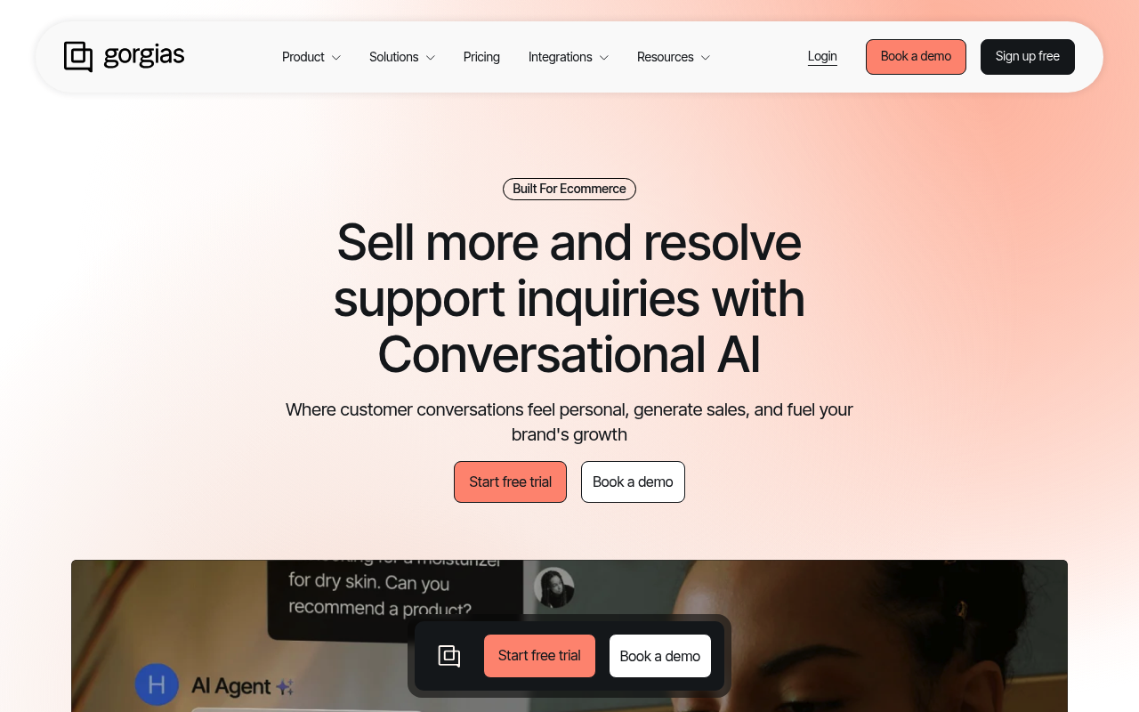 Gorgias homepage showcasing Conversational AI solutions for e-commerce. Includes options to start a free trial or book a demo against a gradient background.
