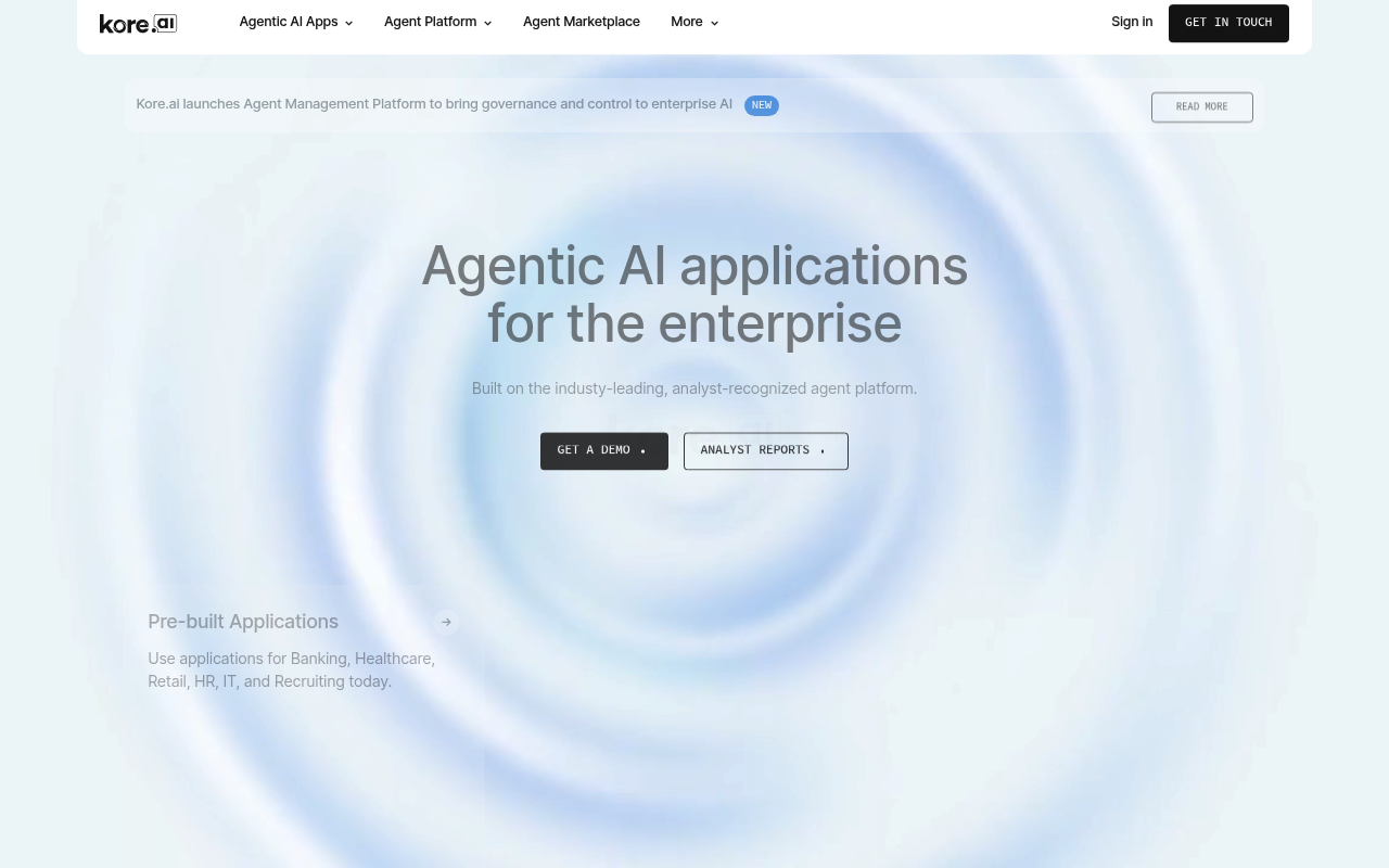 Homepage of Kore.ai featuring a blurred blue circular pattern. Central text promotes "Agentic AI applications for the enterprise" with buttons for demo and reports.