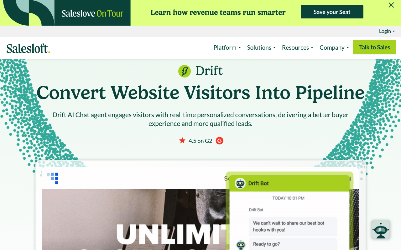Salesloft webpage promoting Drift AI chat agent, highlighting benefits of converting website visitors into pipeline leads, with chatbot interface displayed.