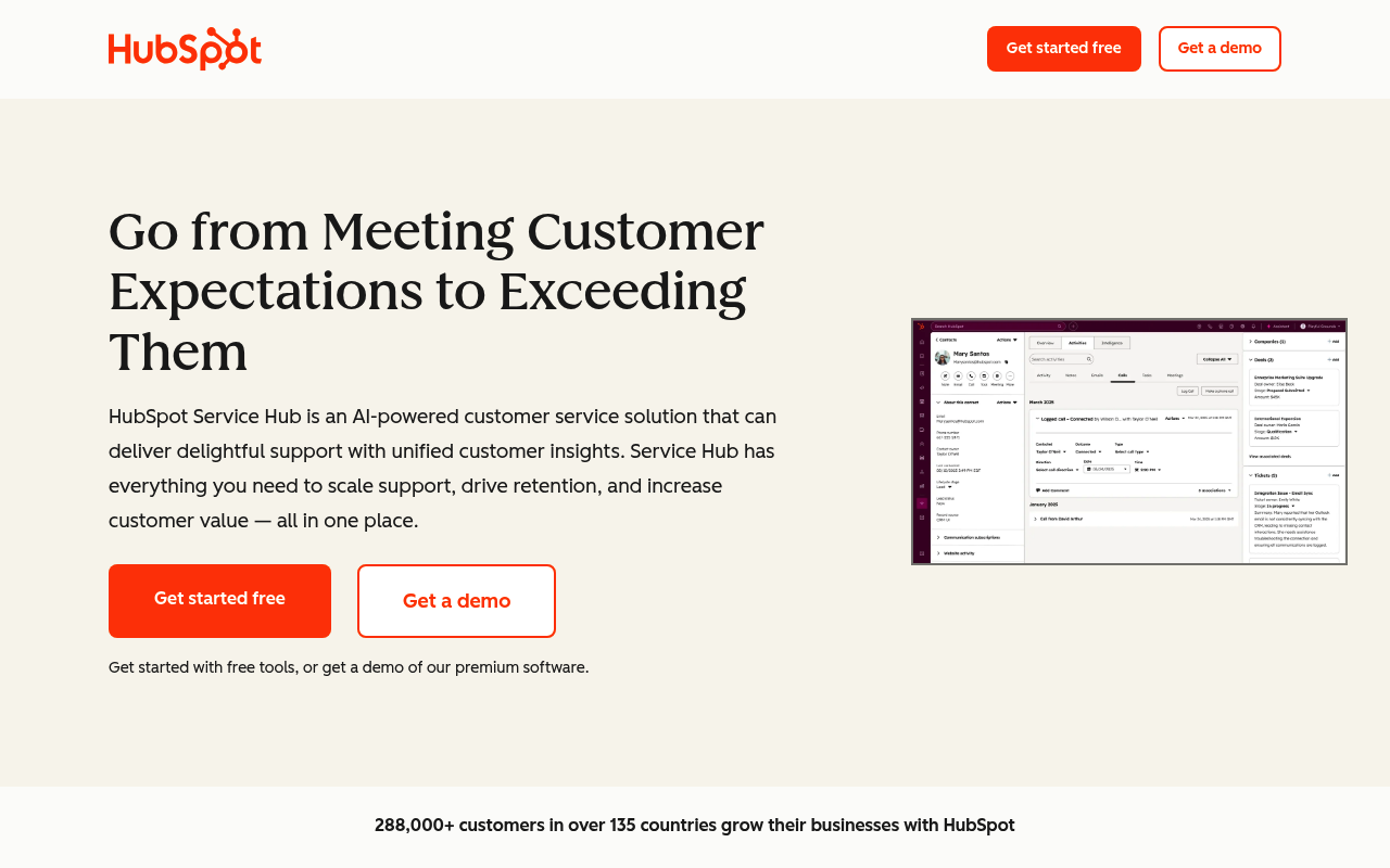 HubSpot webpage promoting its AI-powered Service Hub. The page features a bold headline on customer expectations, descriptive text, call-to-action buttons for getting started or a demo, and a software interface screenshot. The design is clean with a professional tone.