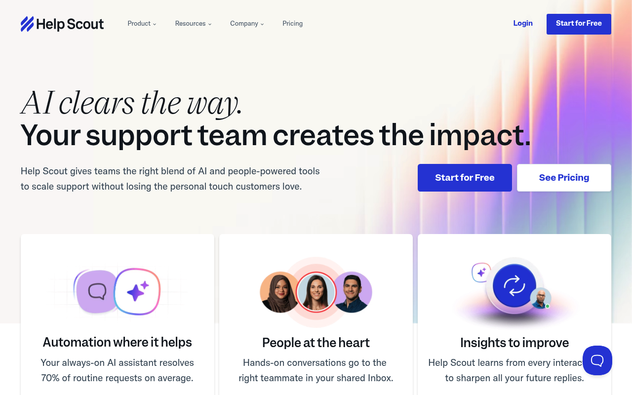 Help Scout homepage with 'AI clears the way. Your support team creates the impact.' headline and three feature cards below