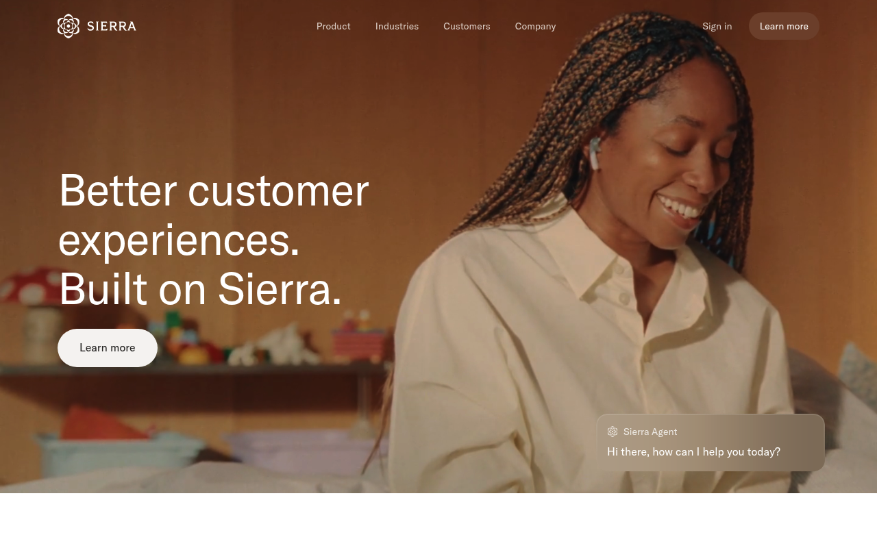 Sierra homepage with 'Better customer experiences. Built on Sierra.' headline over warm lifestyle photo with Sierra Agent chat widget