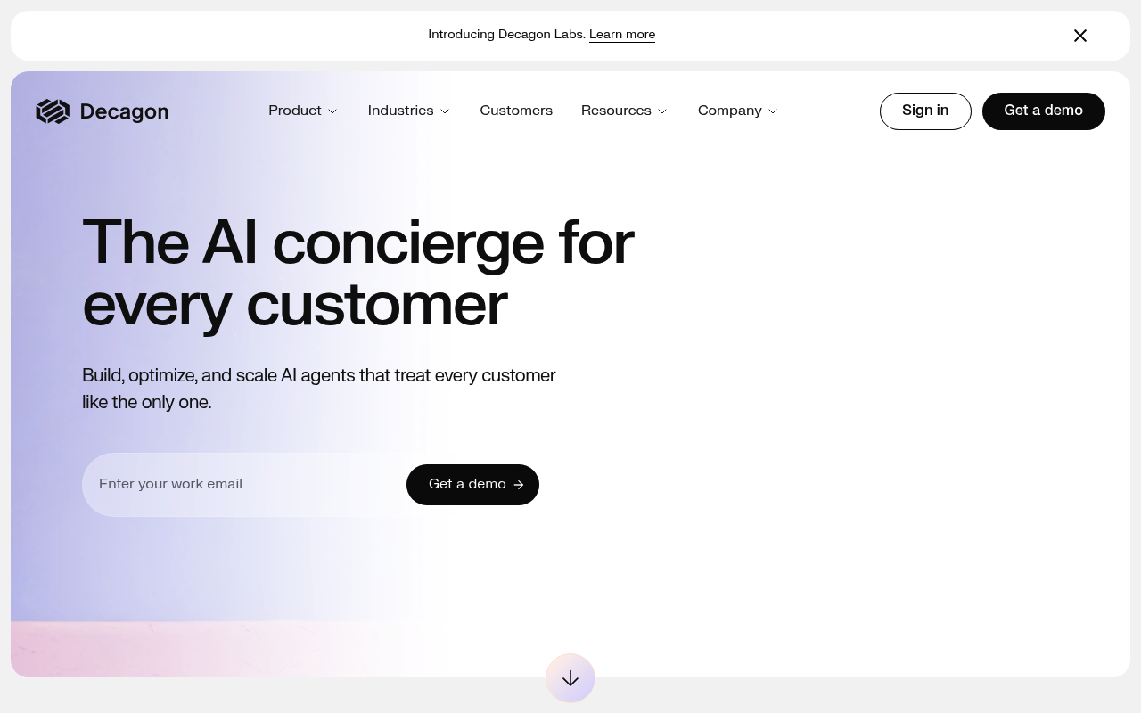 Decagon homepage with 'The AI concierge for every customer' headline on soft purple gradient background with email demo signup