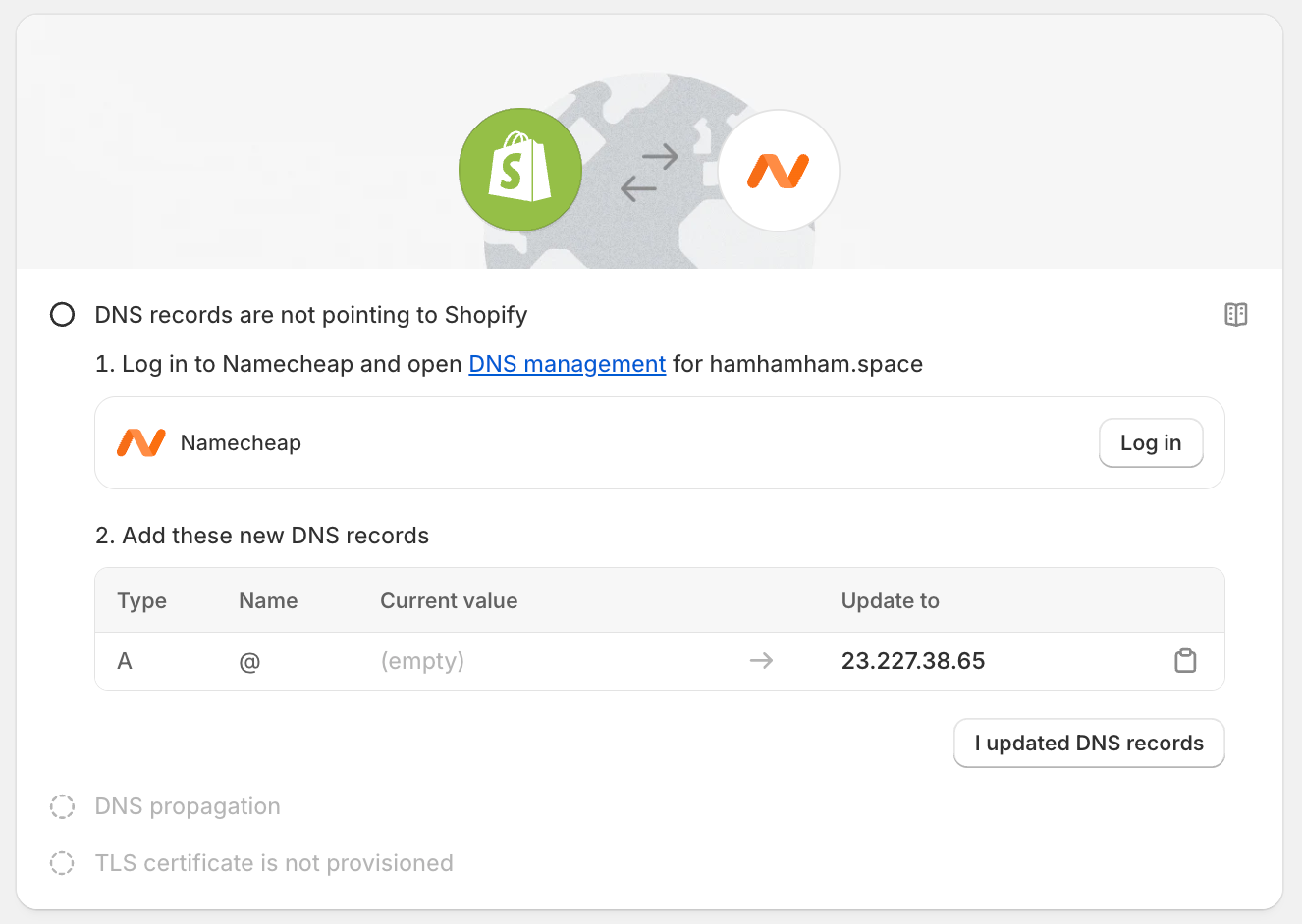 Example of the domain details page for a third-party domain provider displaying the option to connect a Namecheap domain.