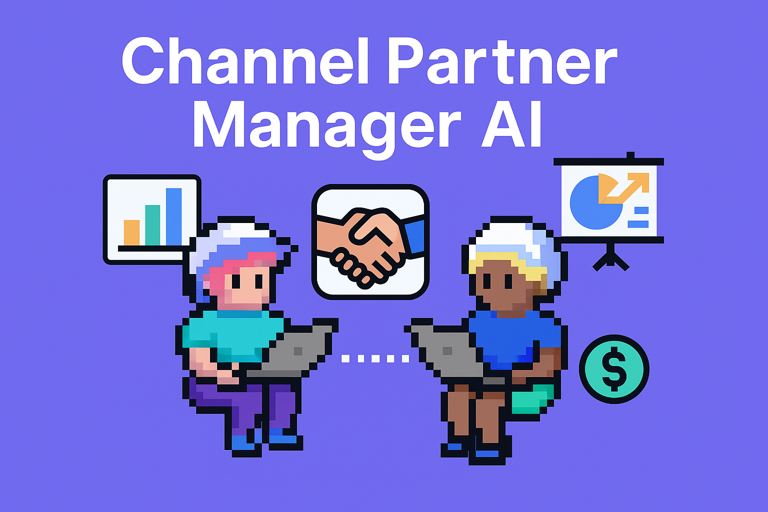 Channel Partner Manager AI agents collaborating with laptops showing data analytics, partnership handshake, and growth charts for automated partner management