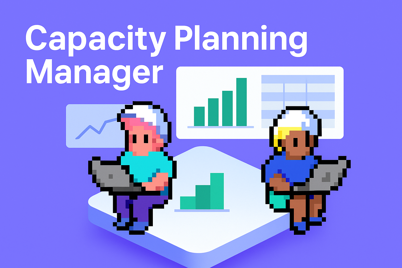 Capacity Planning Manager AI agents - two professionals with laptops analyzing resource allocation data with bar charts and graphs for predictive capacity planning