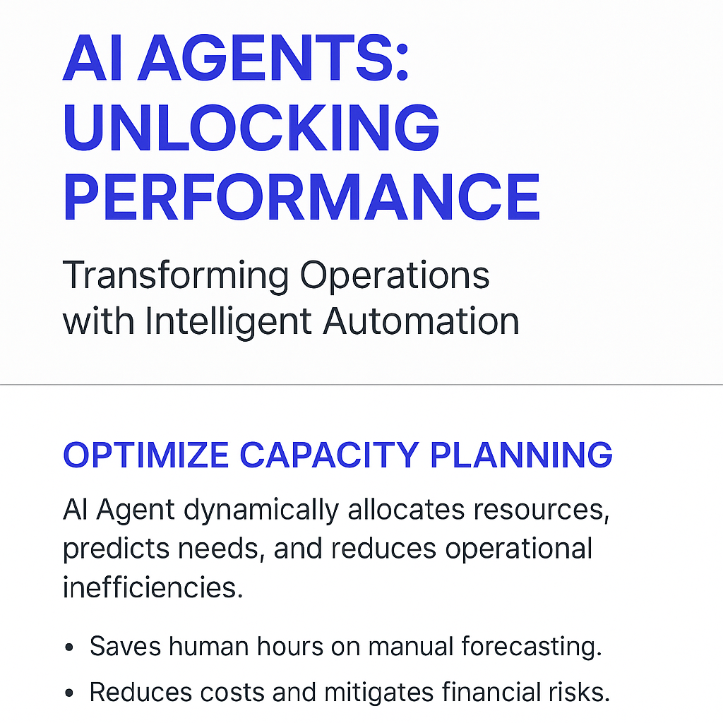 AI Agents Unlocking Performance infographic - transforming operations with intelligent automation for capacity planning optimization, reducing manual forecasting hours and operational costs
