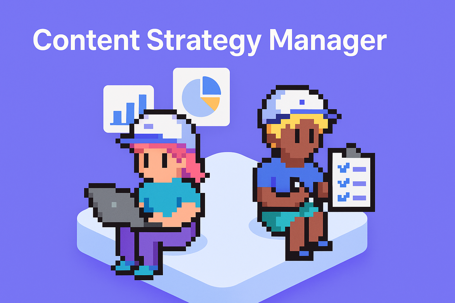 Content Strategy Manager AI agents - two pixel art professionals analyzing data with laptops and charts, demonstrating AI content strategy tools and automation