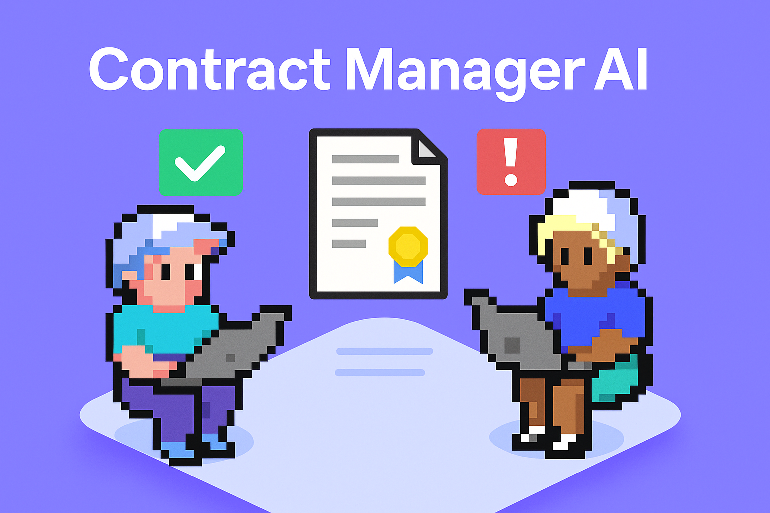 Contract Manager AI illustration showing two professionals with laptops reviewing contracts - one with checkmark approval, one with warning alert, featuring sealed contract document and "Contract Manager AI" text