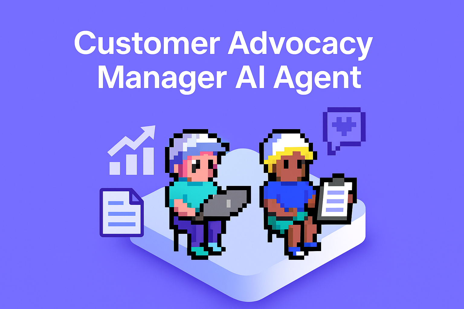 Customer Advocacy Manager AI Agent - two professionals collaborating on customer advocacy with laptop and clipboard, featuring growth analytics and customer satisfaction icons
