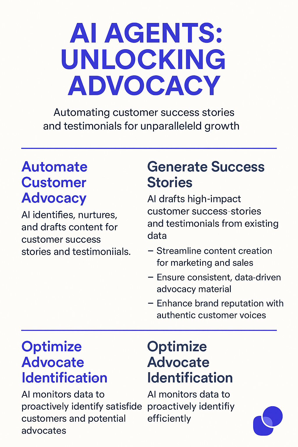 AI Agents: Unlocking Advocacy infographic - automating customer success stories and testimonials for unparalleled growth, featuring customer advocacy optimization