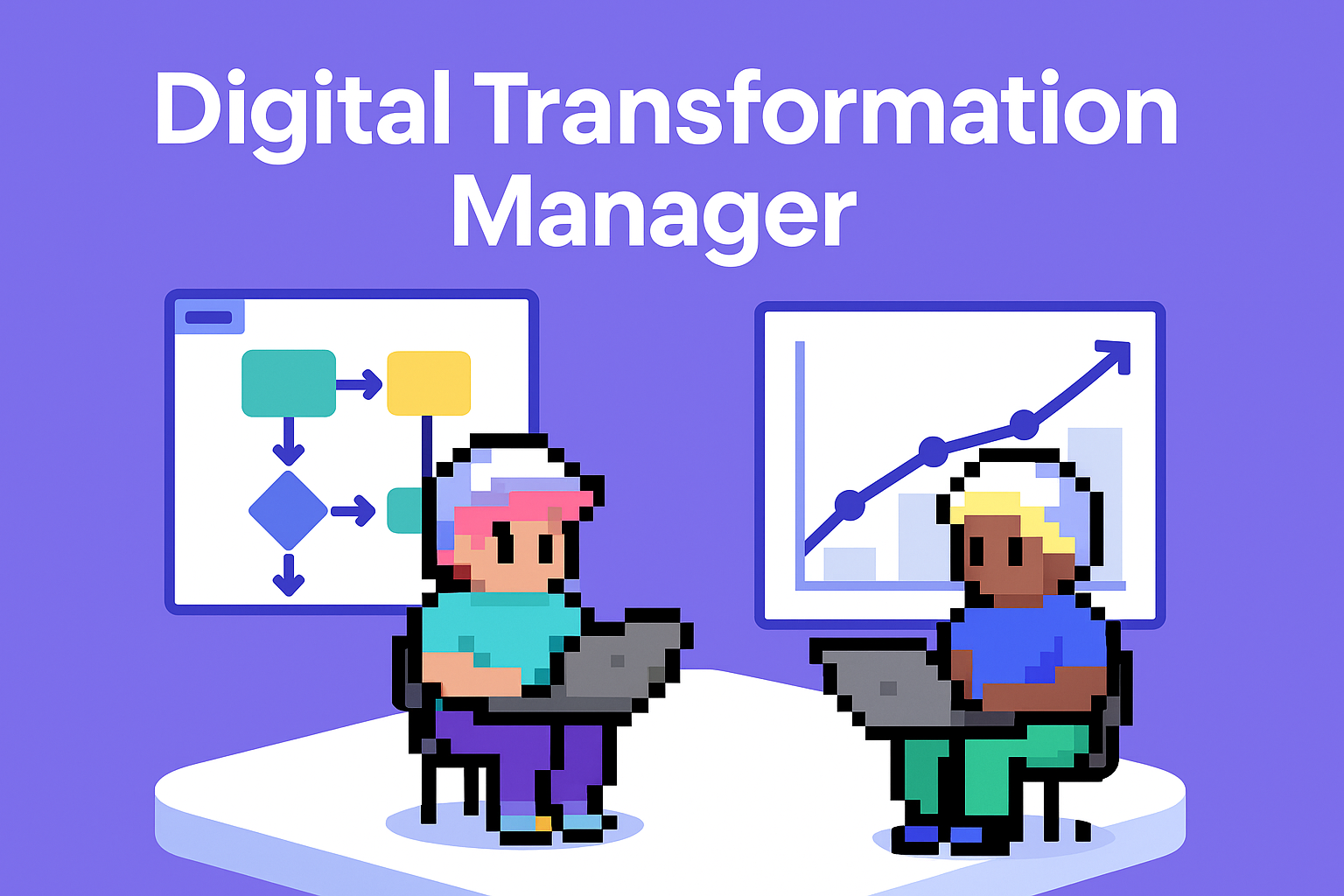 Digital Transformation Manager AI agents working with laptops and analytics dashboards - accelerating digital transformation strategy with intelligent process mining and predictive analytics