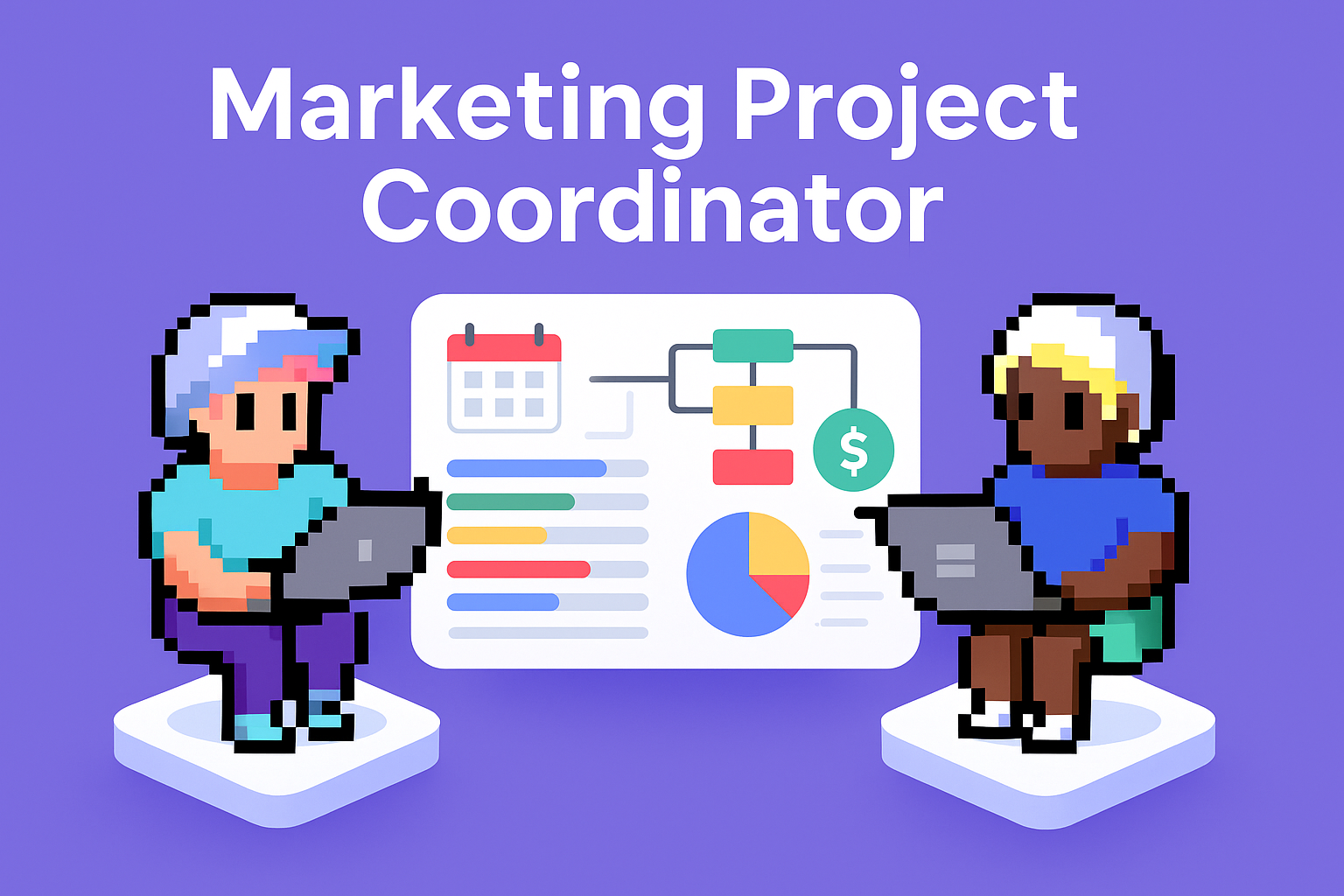 Marketing Project Coordinator AI agents automating workflow management with calendar, flowchart, and analytics dashboard for marketing automation specialists
