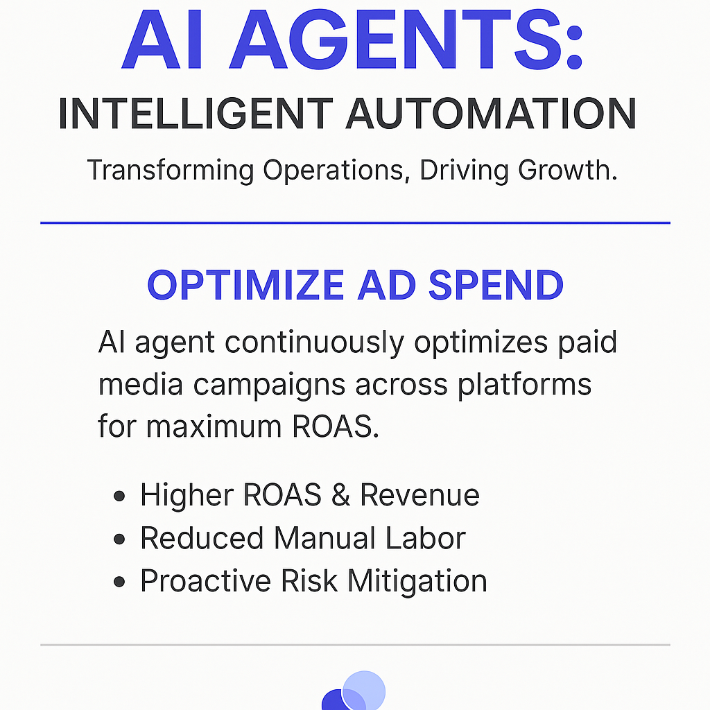 AI Agents intelligent automation infographic showing how AI optimizes ad spend across paid media platforms for higher ROAS revenue and reduced manual labor