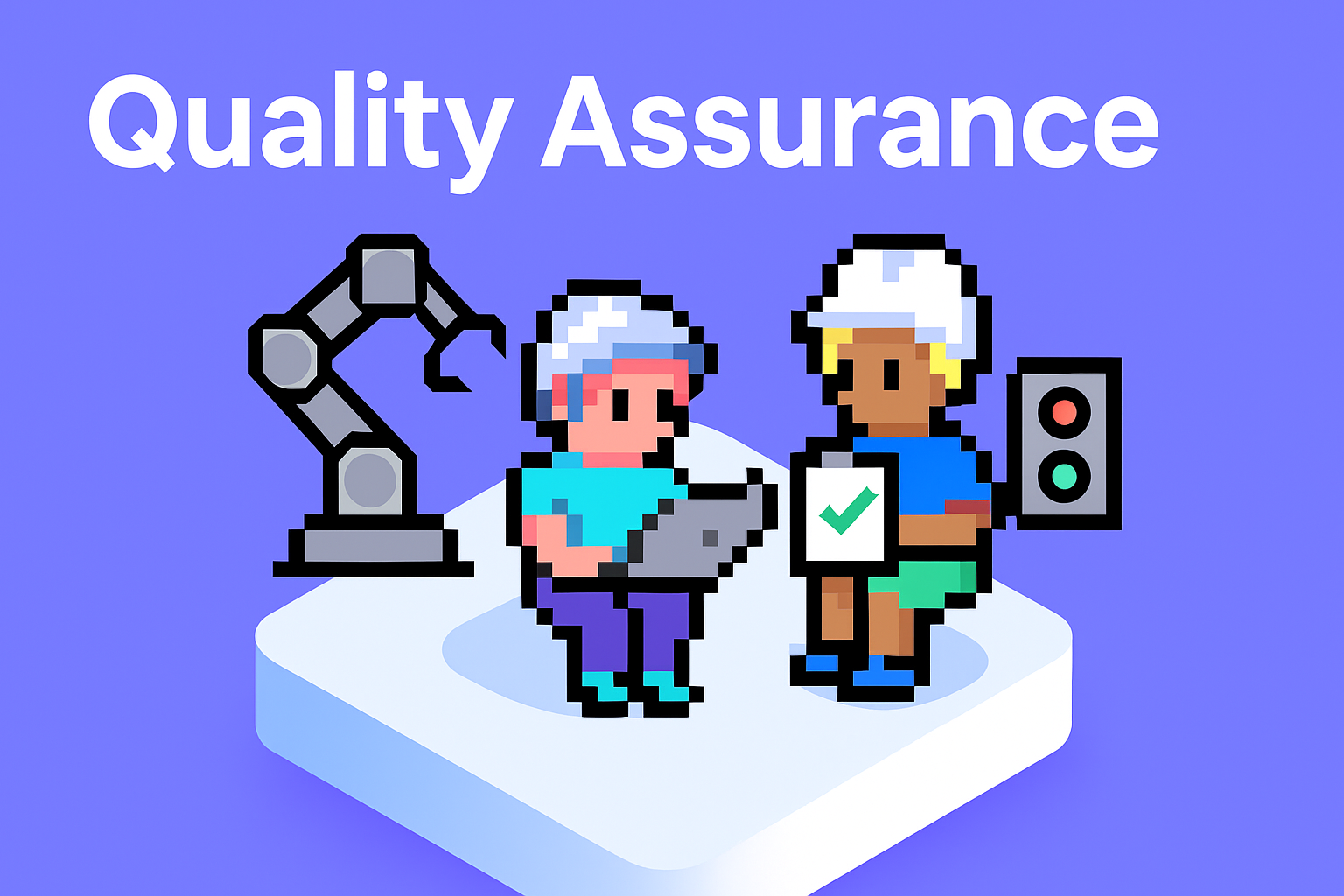 Quality Assurance AI agents illustration showing automated testing workflow with robotic arm, QA manager using laptop, and quality control checklist - digital teammates for software quality management
