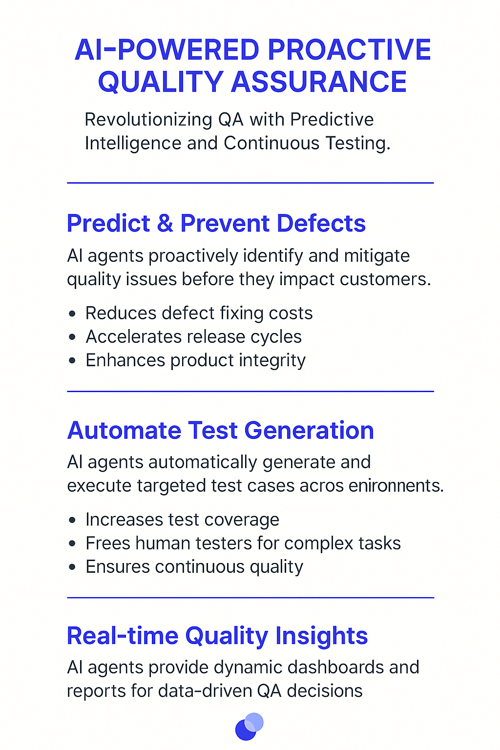AI-Powered Proactive Quality Assurance infographic showing three key benefits - Predict & Prevent Defects to reduce costs and accelerate releases, Automate Test Generation for increased coverage, and Real-time Quality Insights for data-driven QA decisions