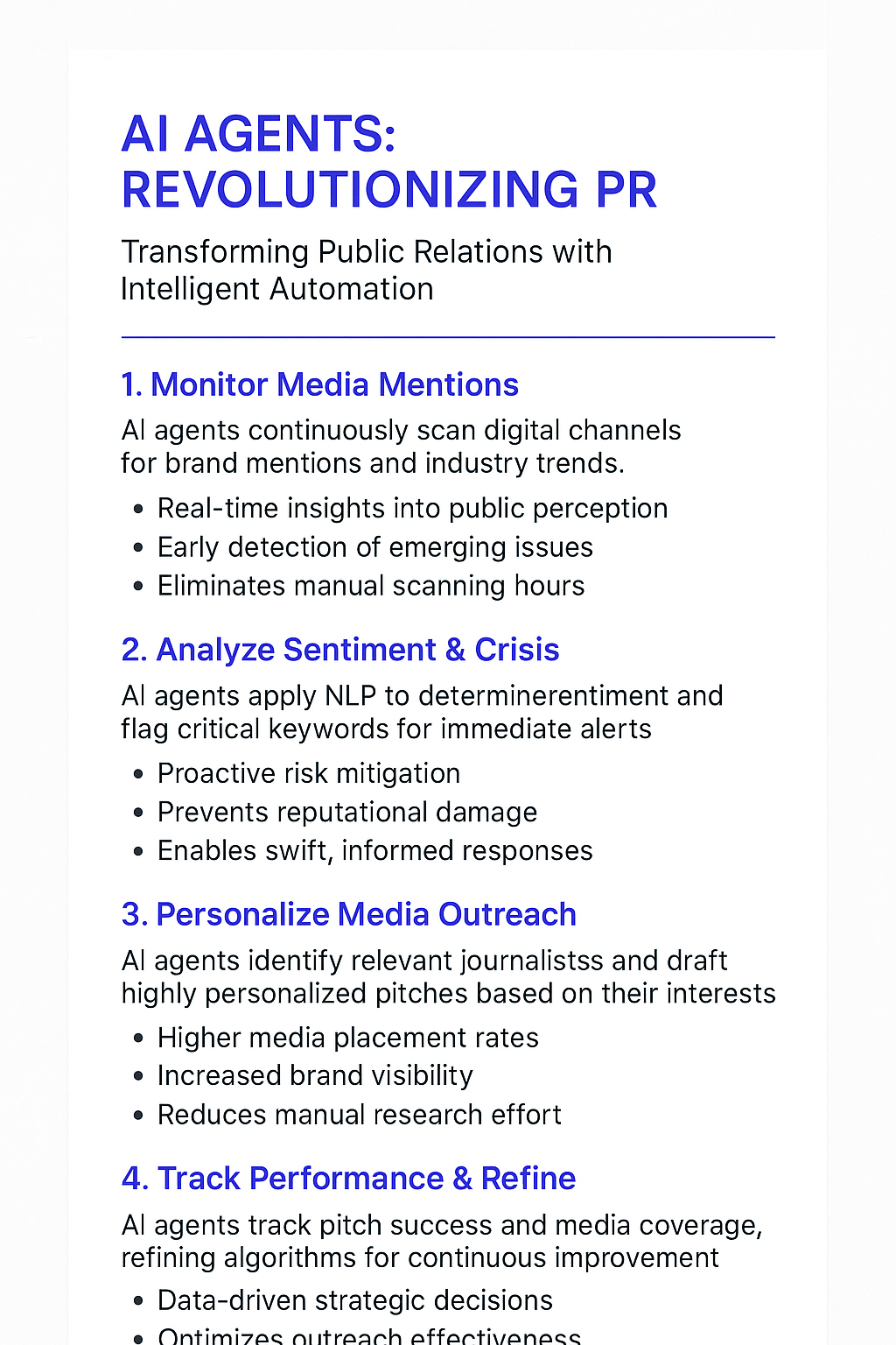 AI Agents Revolutionizing PR infographic showing four key benefits: monitor media mentions, analyze sentiment and crisis management, personalize media outreach, and track performance for Public Relations Manager AI automation