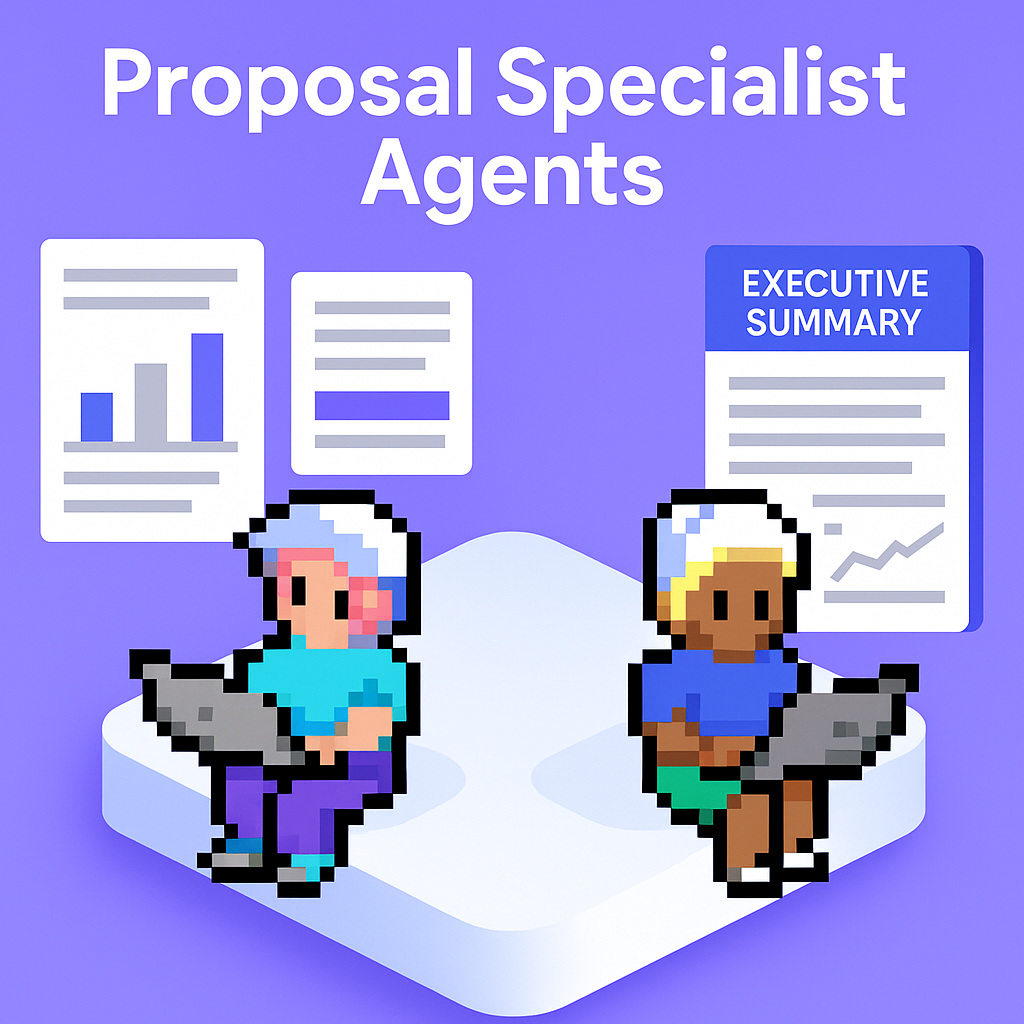 Proposal Specialist Agents - Two AI professionals collaborating on laptop computers with executive summary documents and proposal development workflows in background