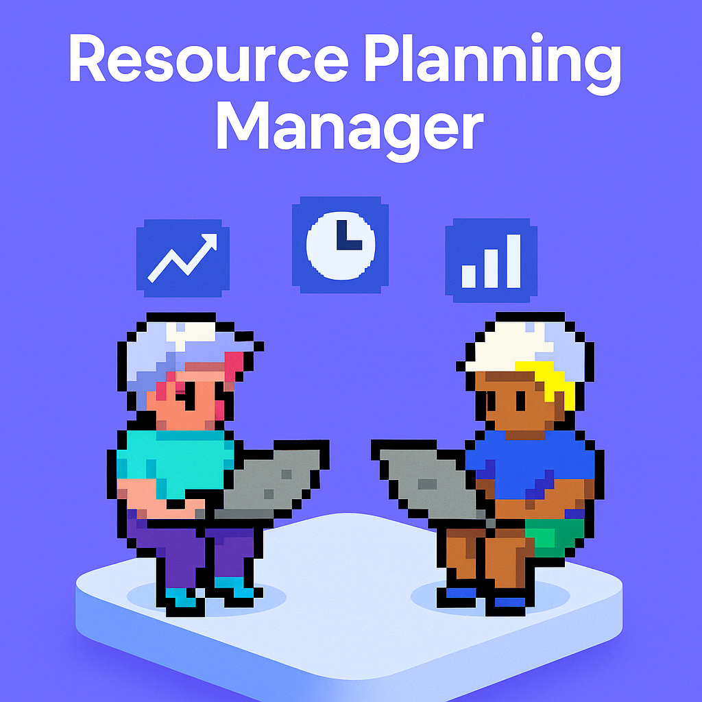 Resource Planning Manager - AI agents working with laptops showing graph, clock and chart icons for predictive resource allocation and workforce optimization