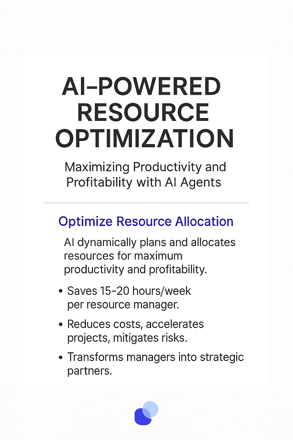 AI-powered resource optimization infographic highlighting how resource planning managers save 15-20 hours per week through dynamic allocation, cost reduction and strategic transformation