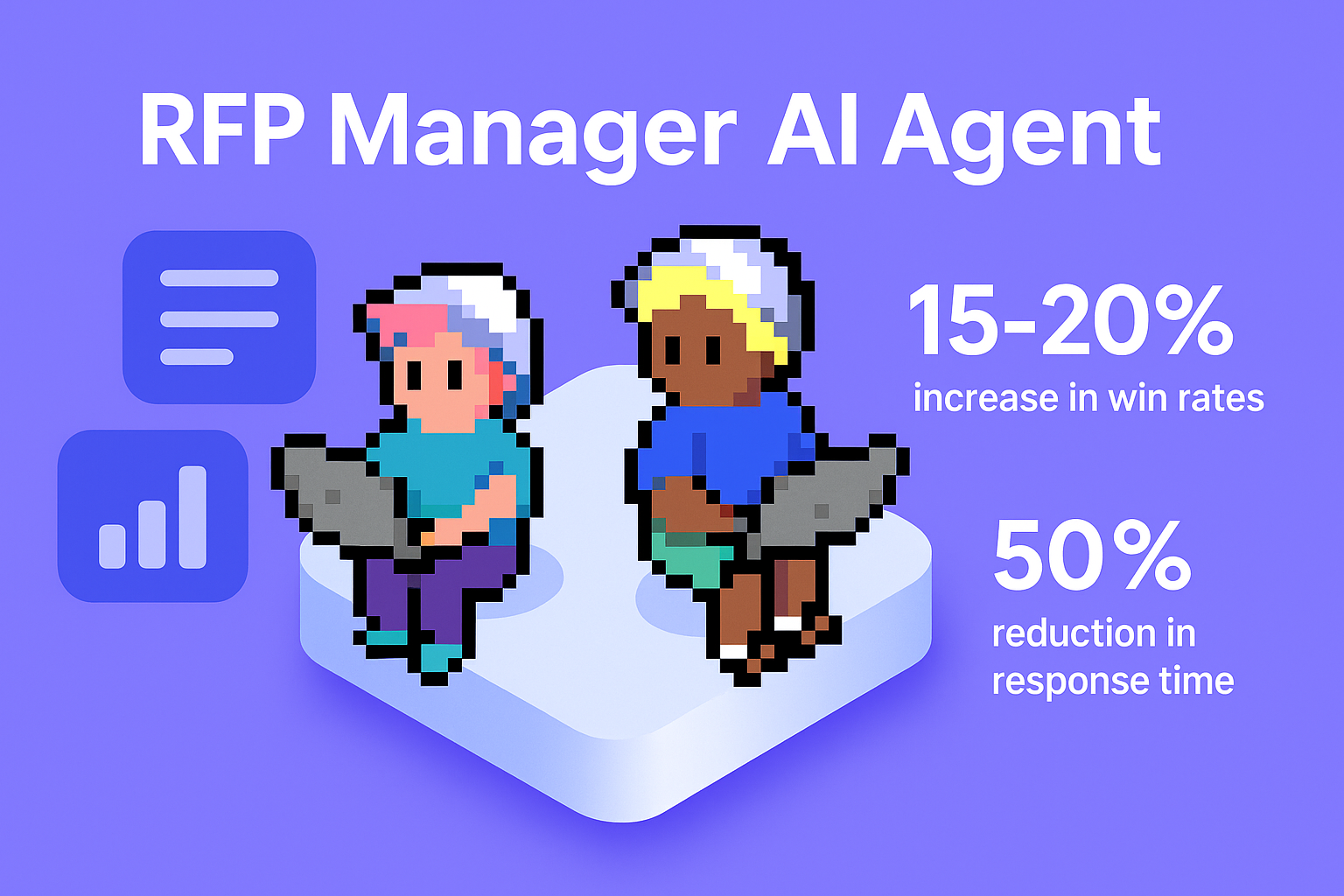RFP Manager AI Agent infographic showing 15-20% increase in win rates and 50% reduction in response time with two professionals working on laptops for proposal management