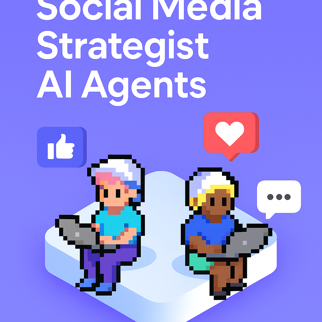 Social Media Strategist AI Agents - two pixel art characters using laptops with social media icons (thumbs up, heart, speech bubble) demonstrating AI social media management and artificial intelligence marketing tools