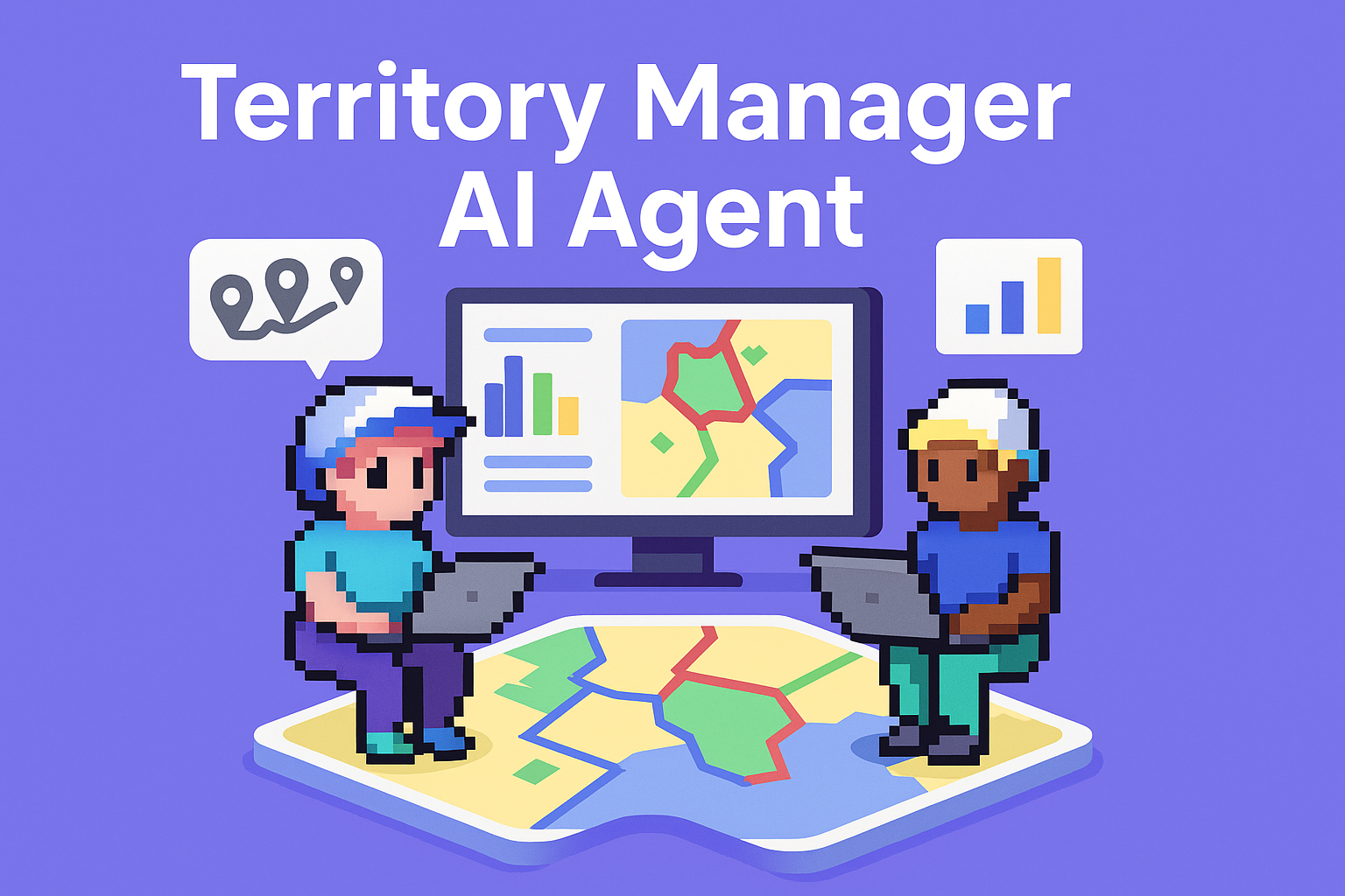 Territory Manager AI Agent illustration showing two sales representatives using laptops on a digital map with territory optimization analytics and geographic sales coverage visualization