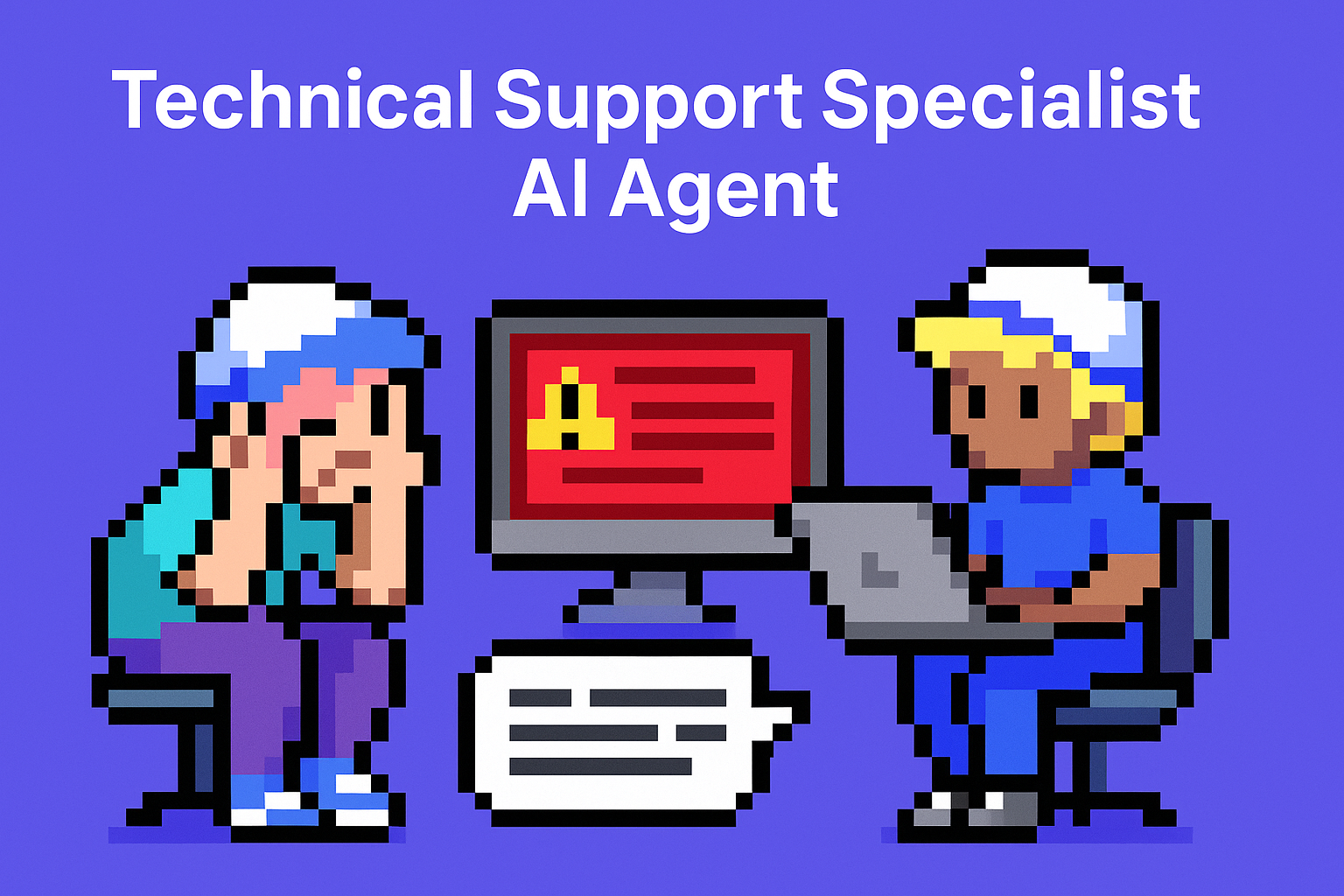 Technical Support Specialist AI Agent illustration showing frustrated user receiving help from AI support agent with laptop displaying error message