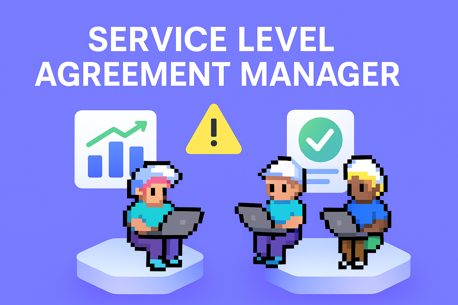 Service Level Agreement Manager AI agents - pixel art illustration showing three professionals with laptops monitoring SLA performance metrics with upward trend graphs and checkmark icons
